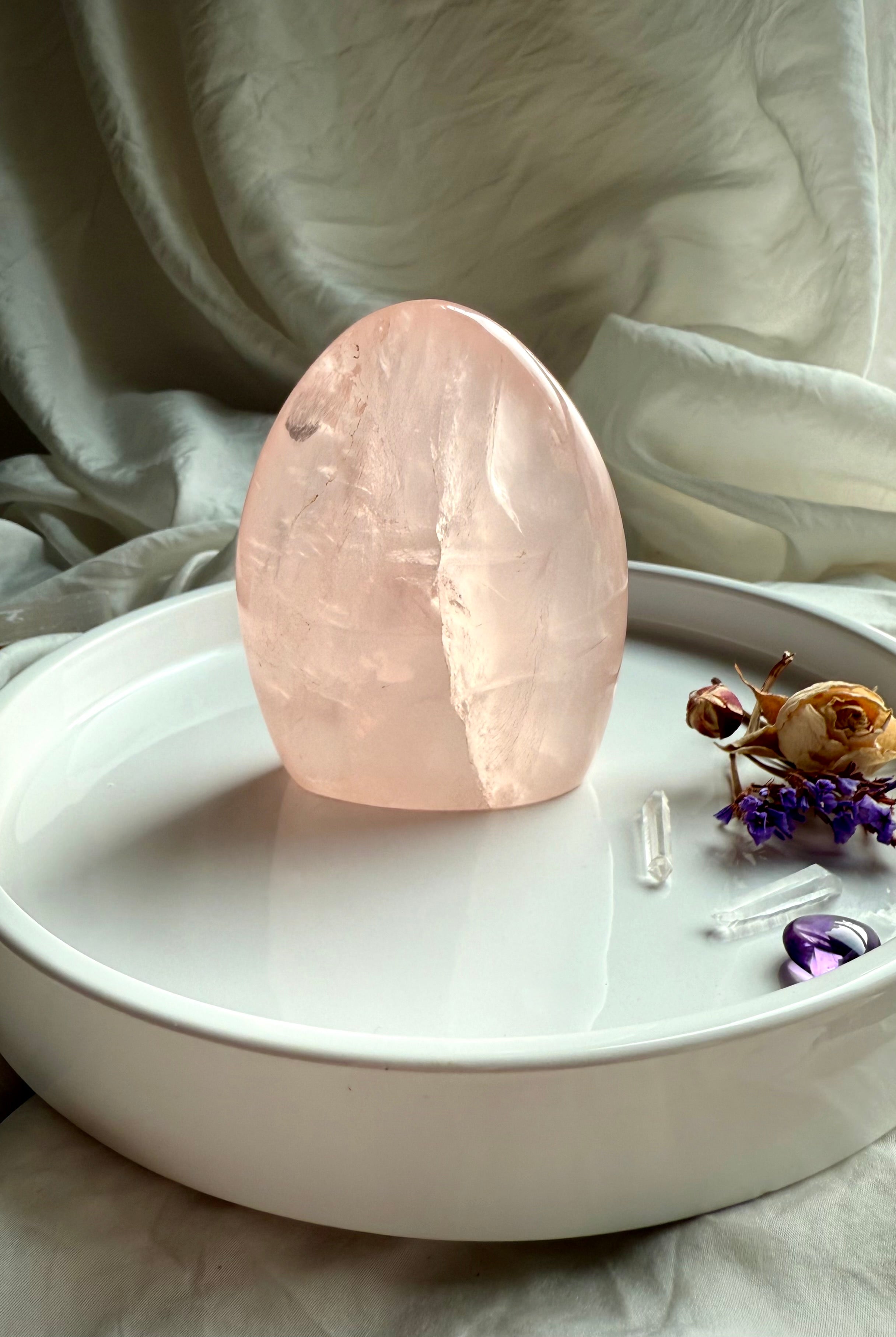 High-quality pink Rose Quartz freeform crystal for emotional healing, self-love, and peaceful energy