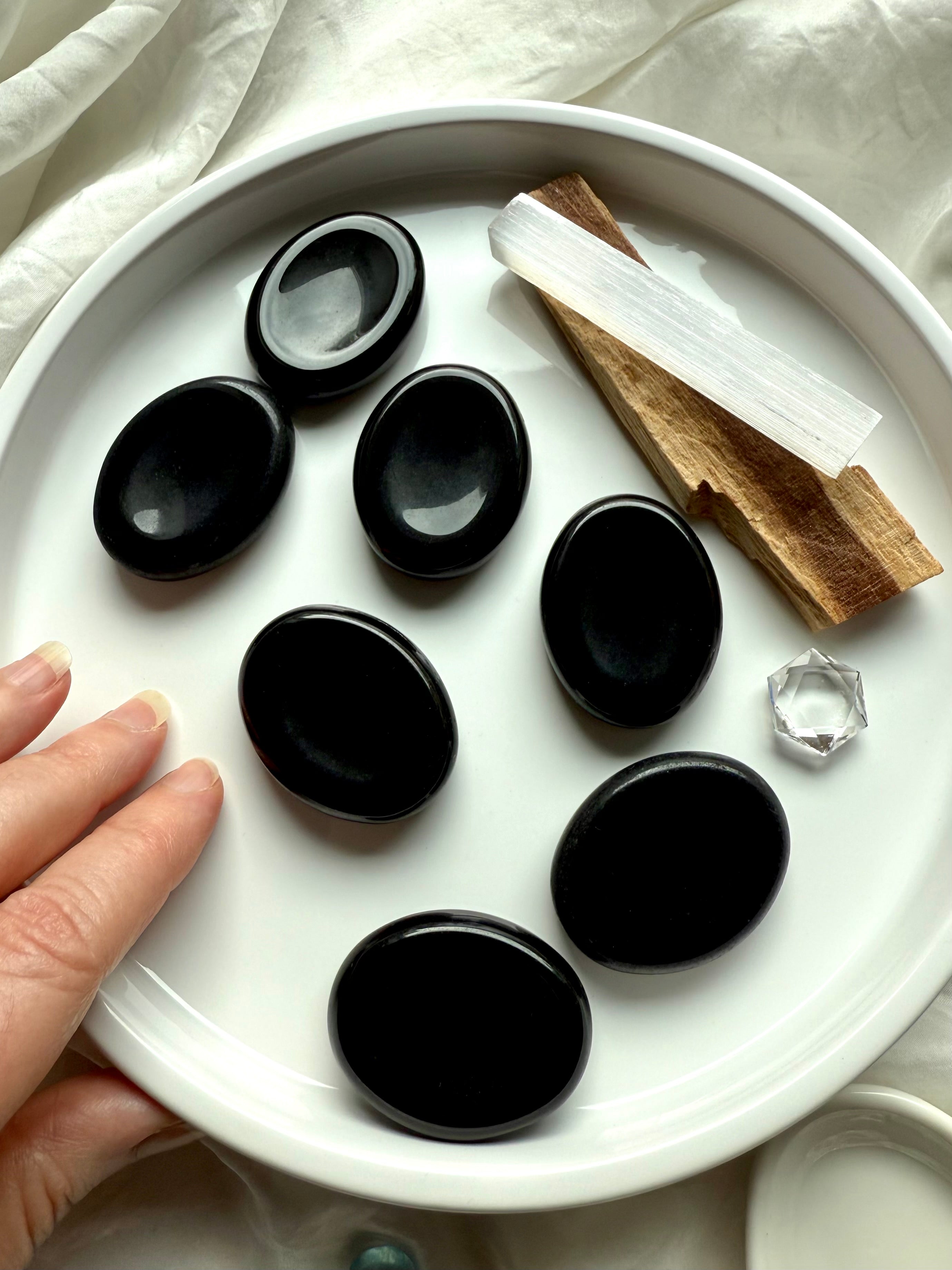 Black Obsidian thumb stones with Palo Santo + selenite – grounding crystals for meditation + energetic protection