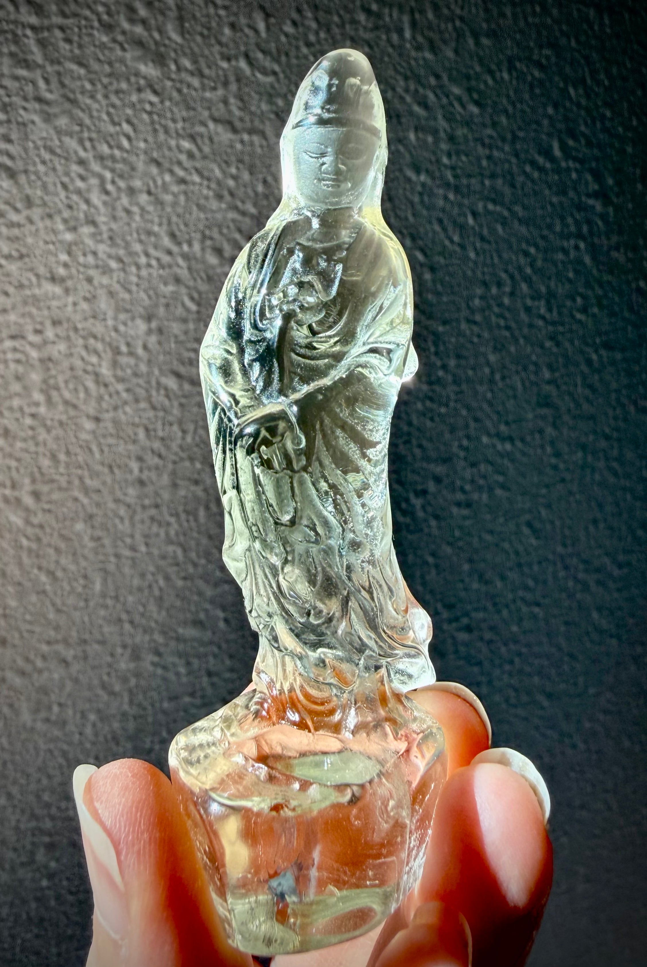 natural Citrine Quan Yin carving with translucent crystal and graceful details