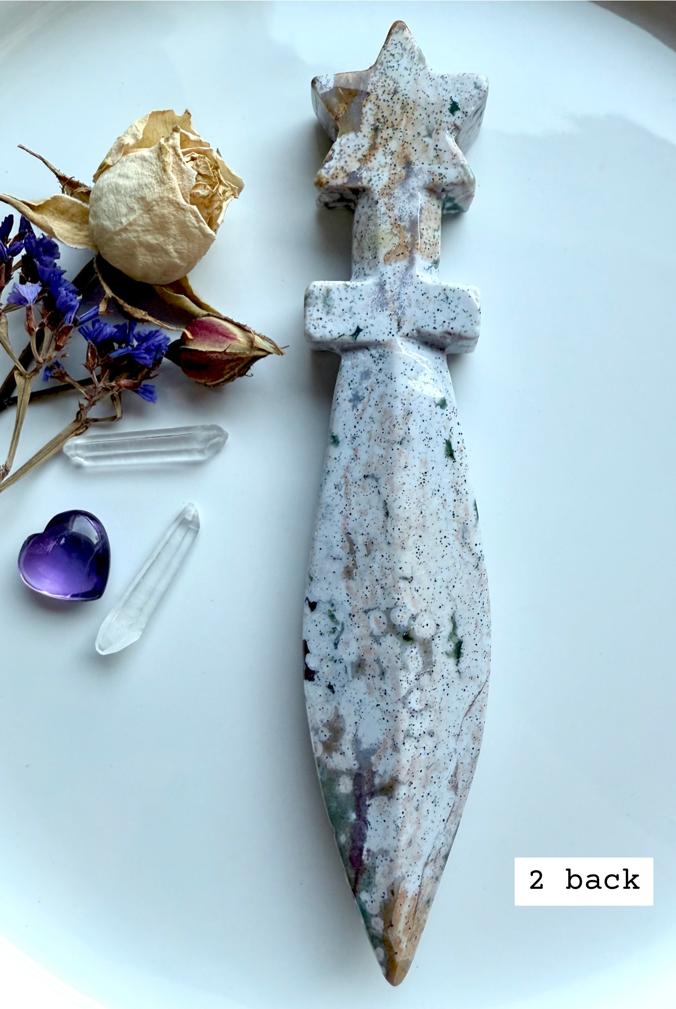 Ocean Jasper star knife # 2 back – Ocean Jasper carving with grounding earth tones and natural stone textures