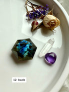 Faceted Labradorite hexagon crystal displayed in sacred altar layout with flowers and quartz points