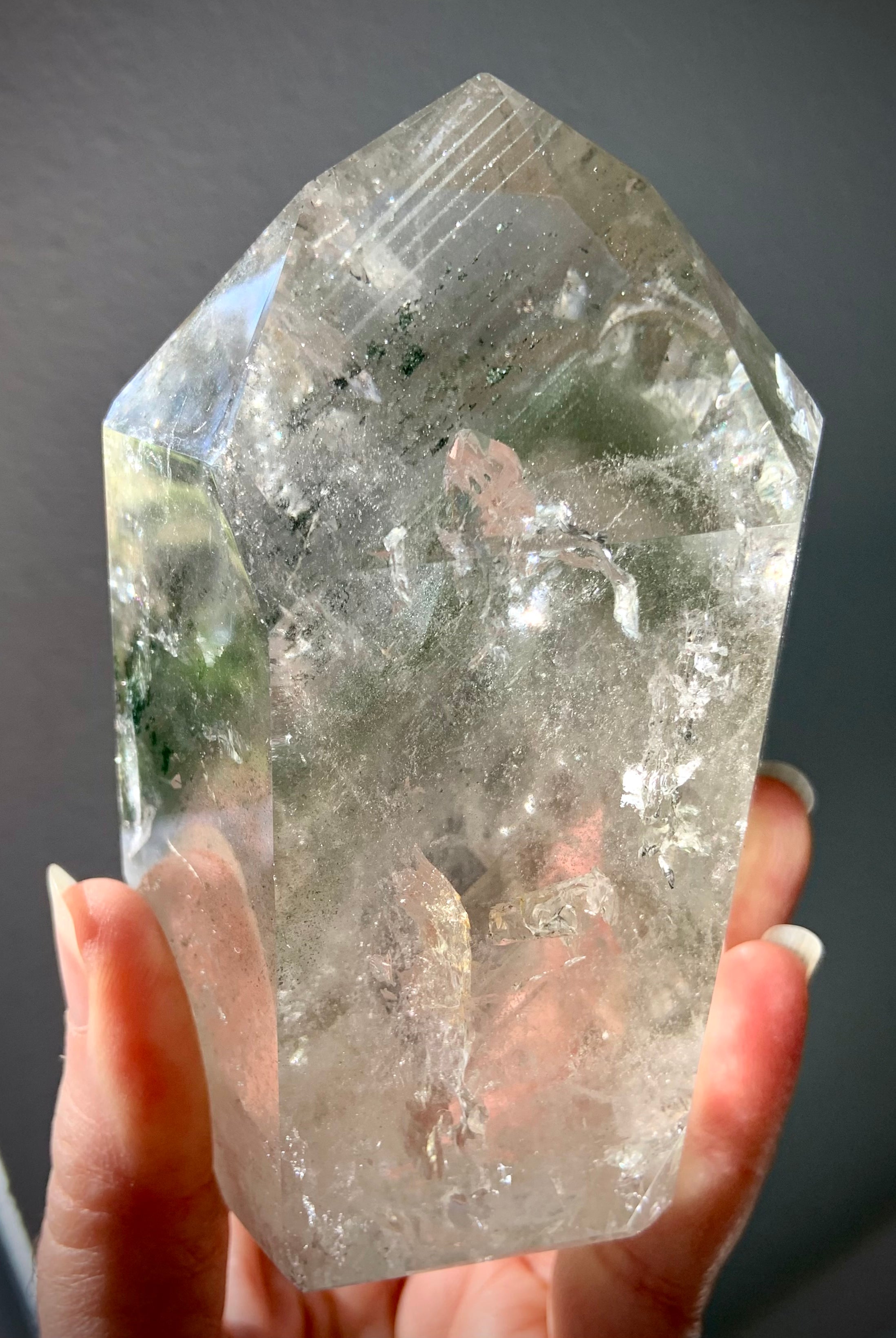 This amazing Garden Quartz Specimen is a Master Channeler & Time Link crystal with chlorite phantoms