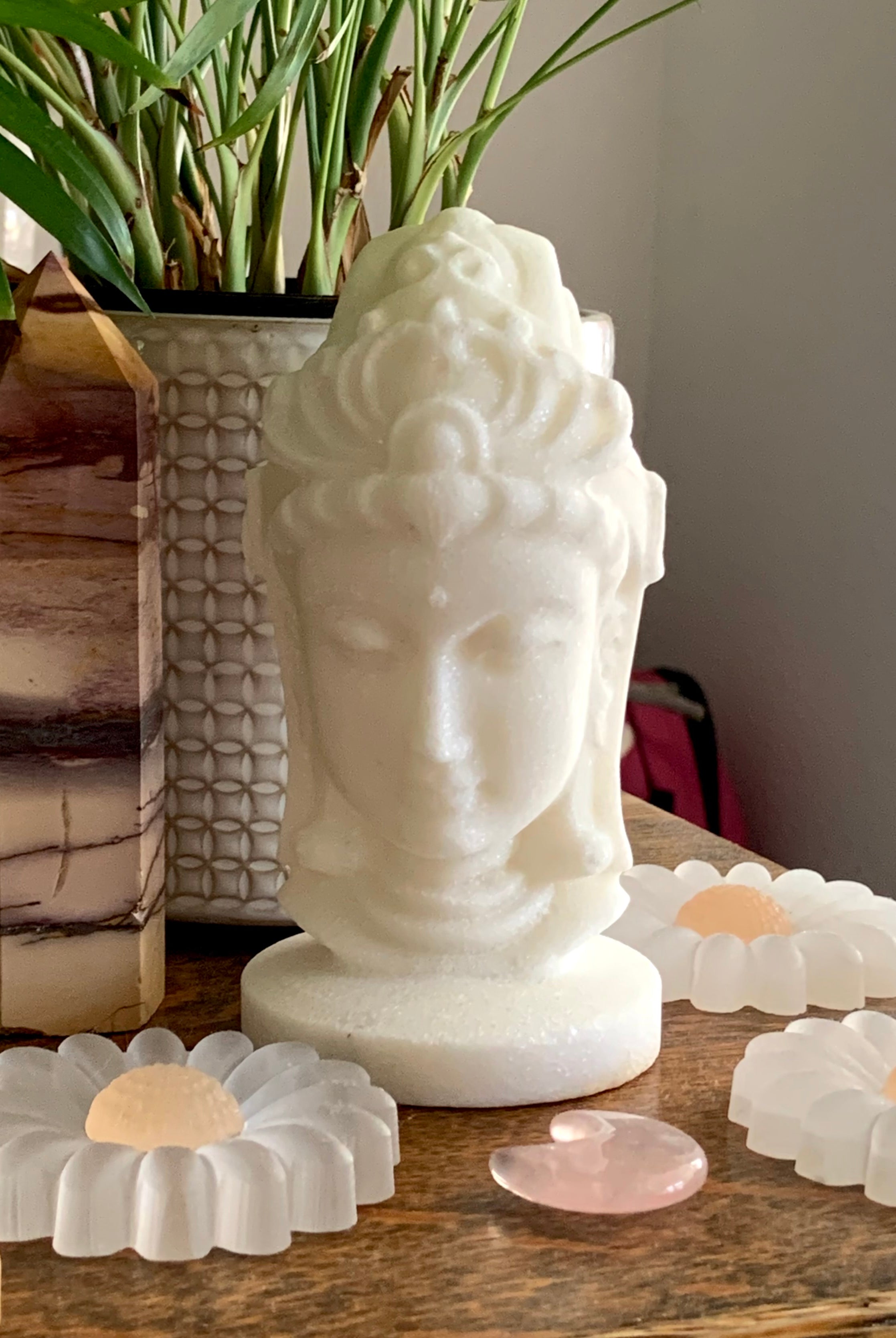 White Jade Quan Yin Statue photographed in natural light with other crystals and a plant in the background