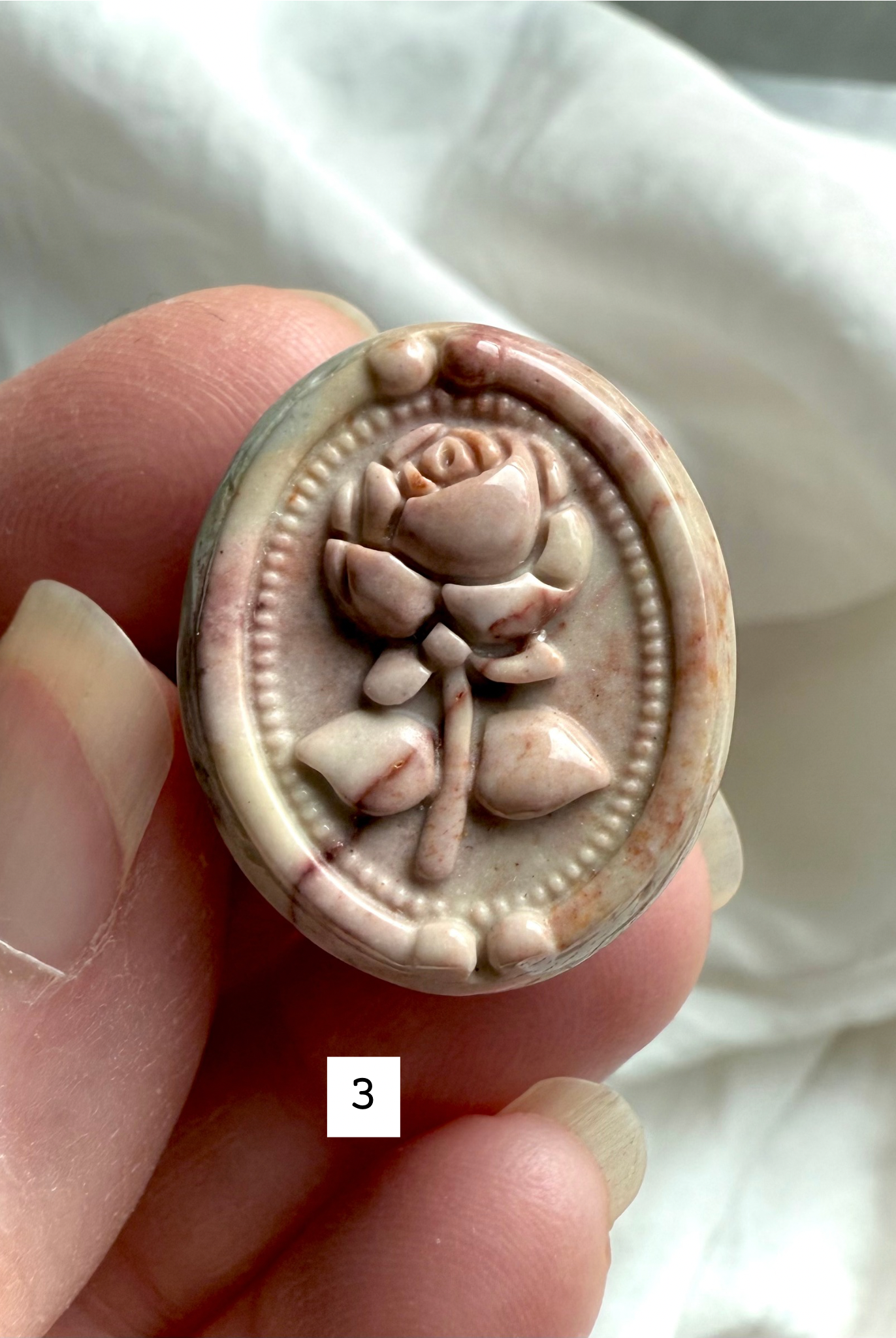 Polychrome Jasper Rose cabochon #3 featuring pastel pink, cream, and subtle earthy banding