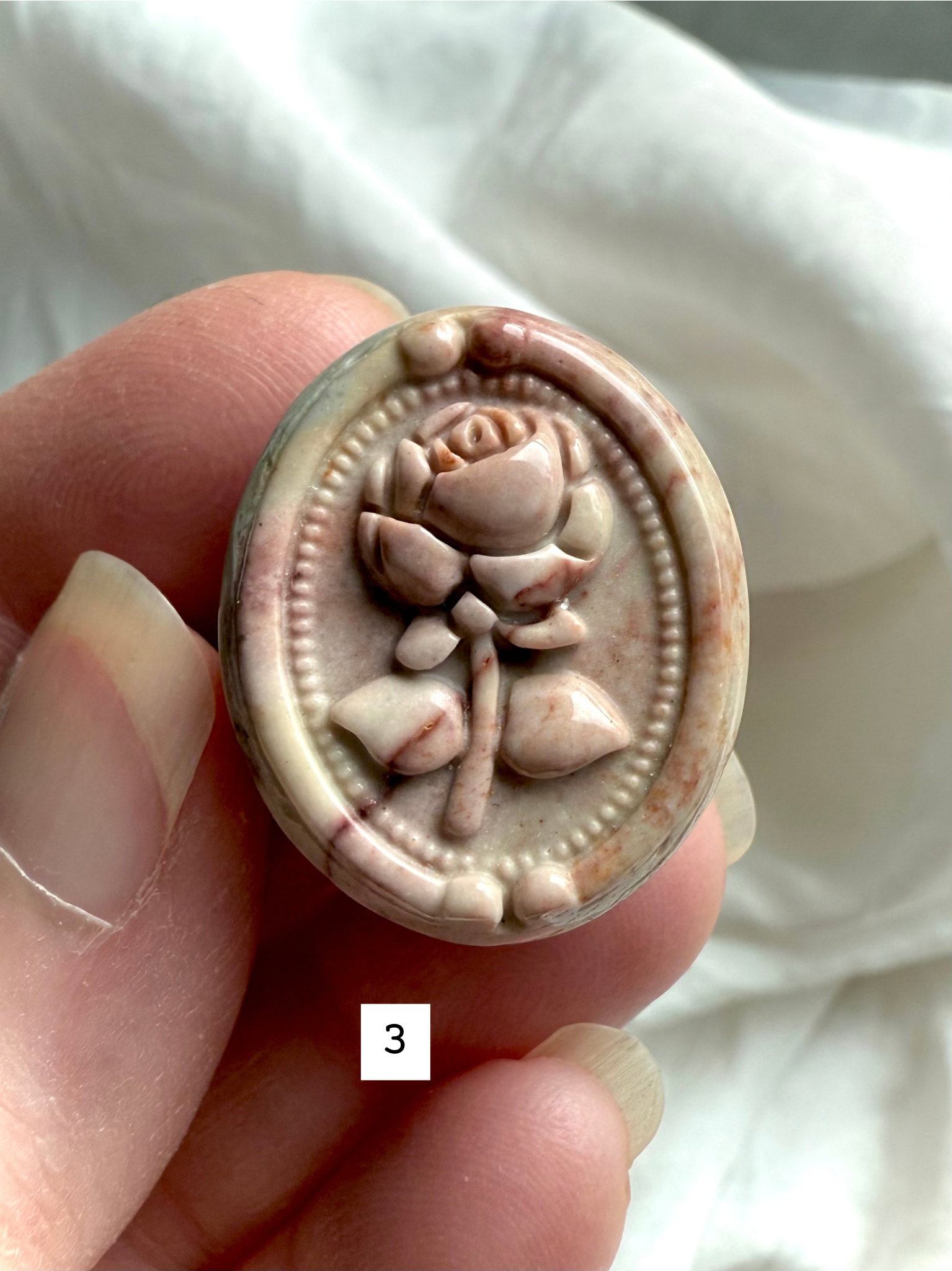 Polychrome Jasper Rose cabochon #3 featuring pastel pink, cream, and subtle earthy banding