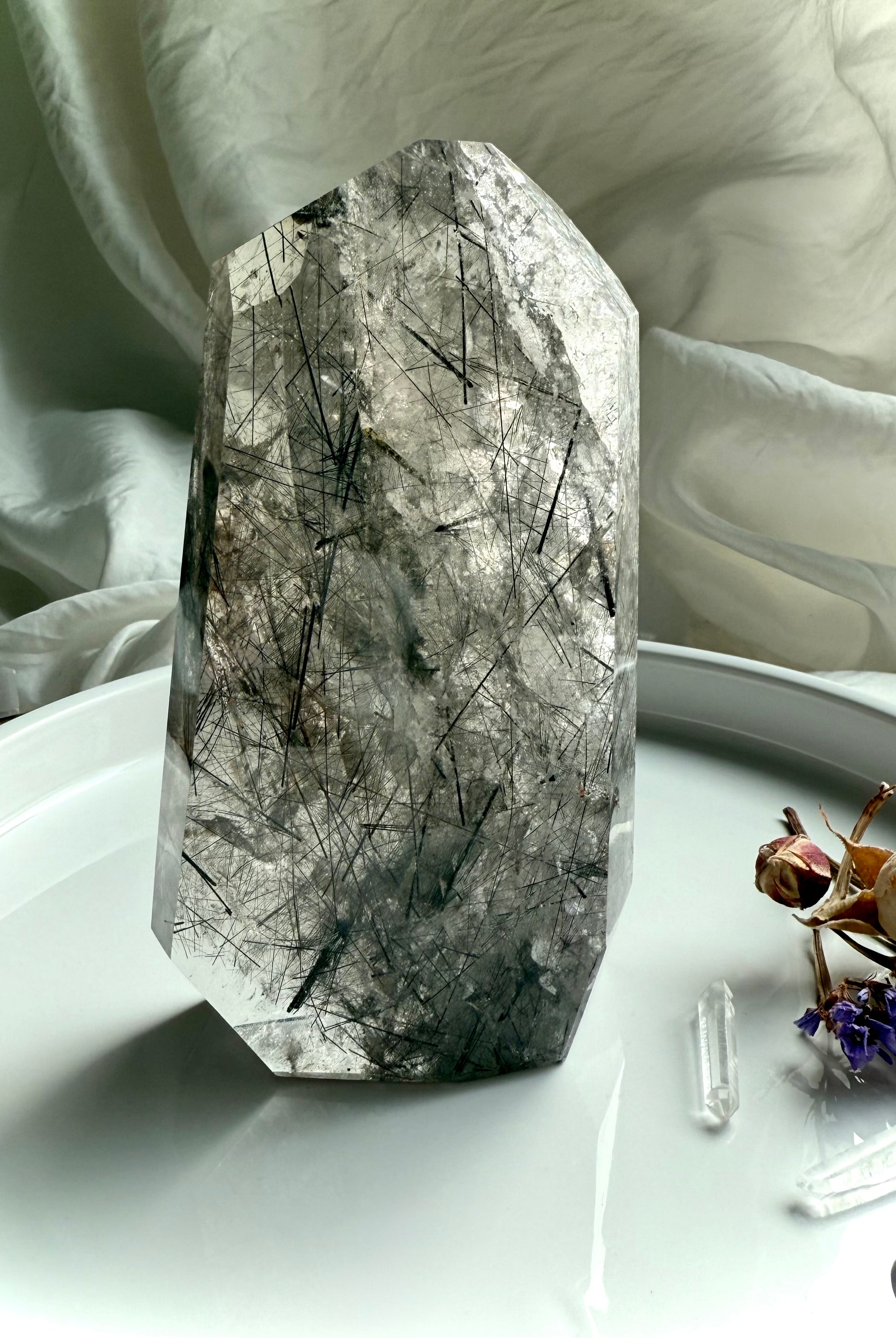 Smoky Quartz freeform tower with Black Tourmaline inclusions and luminous natural clarity