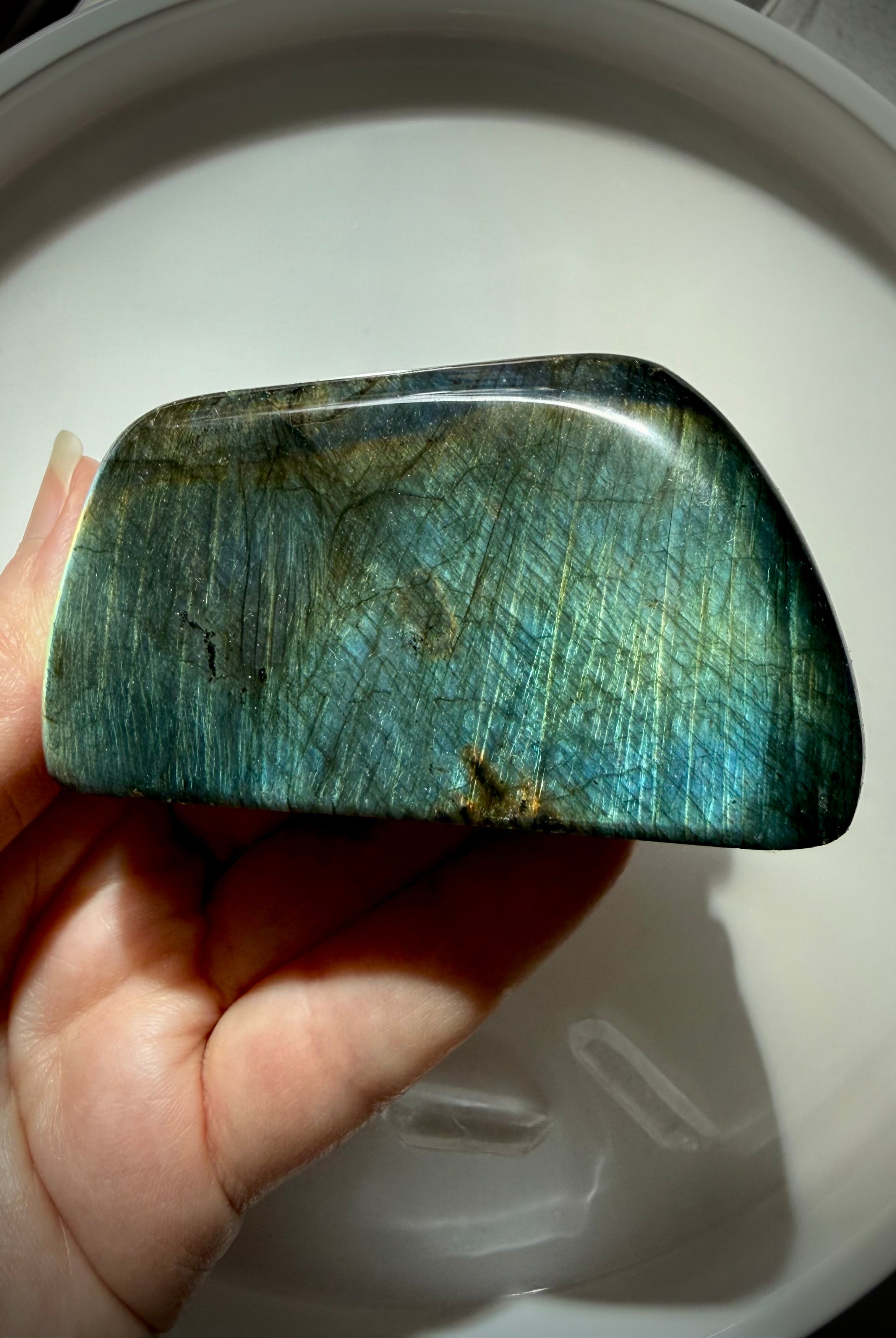 Blue green Labradorite freeform showing softer labradorescence from another angle