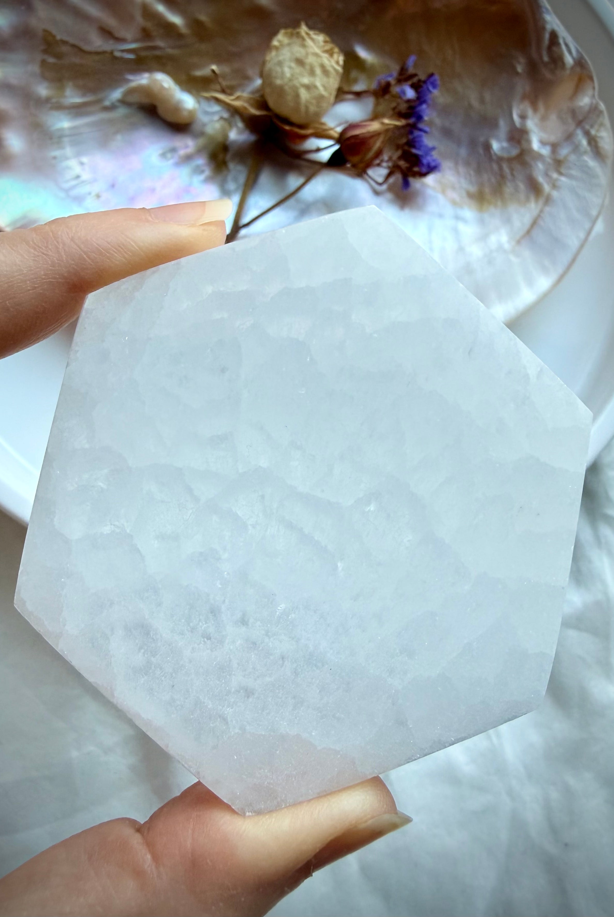 Selenite hexagon crystal plate held in hand showing natural white banding, a sacred geometry tool for cleansing and charging crystals