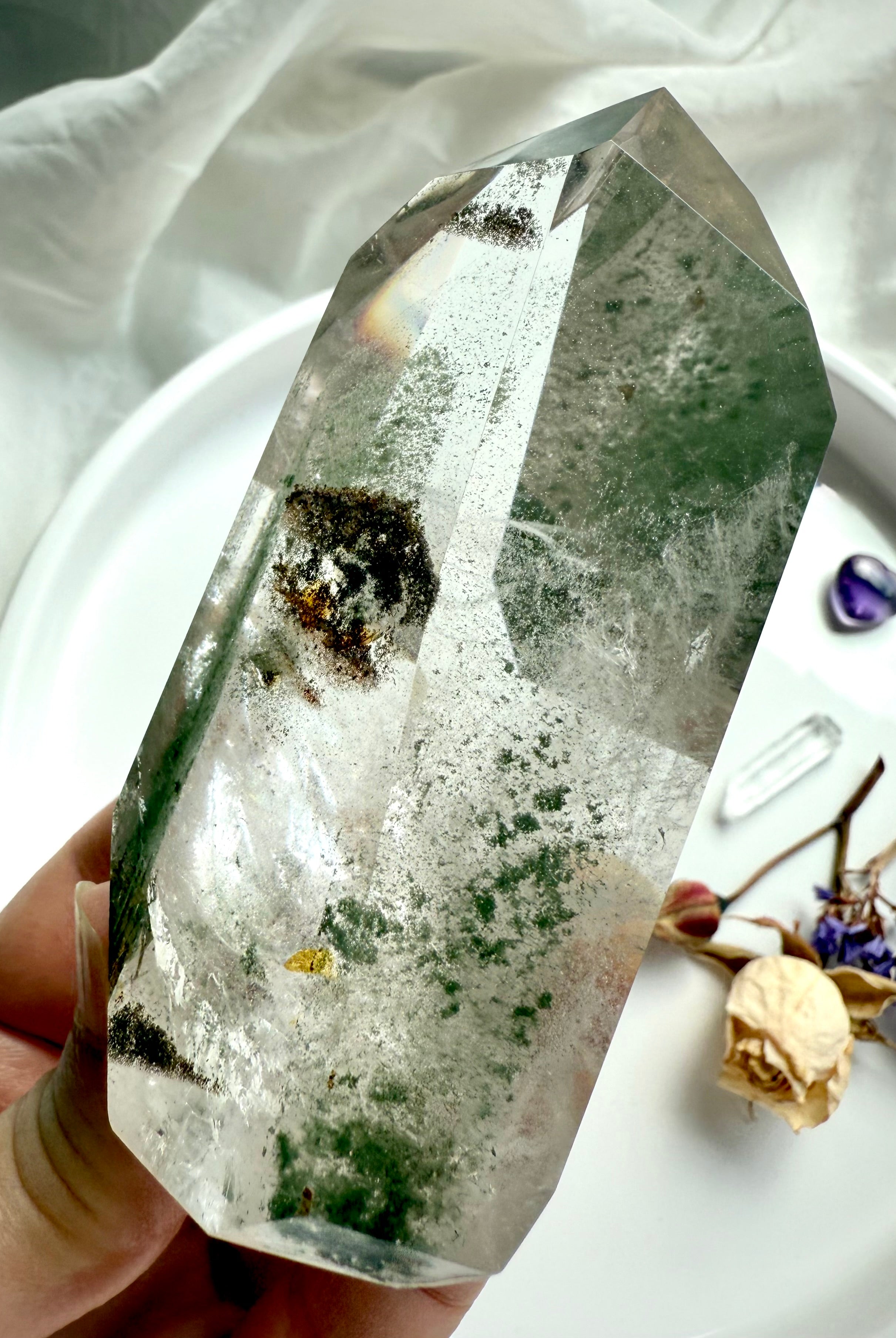 Natural Garden Quartz tower with chlorite phantoms, silvery flash, and scenic inclusions