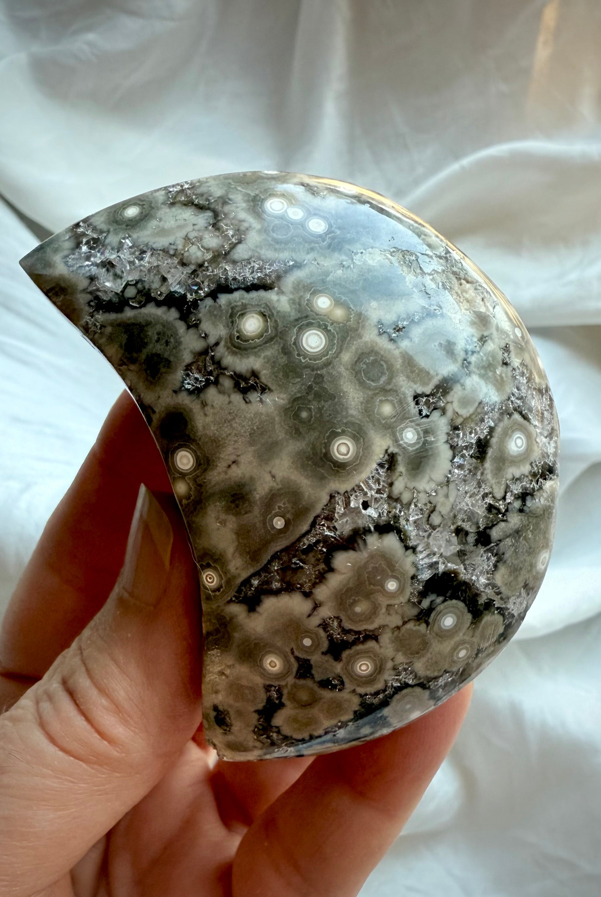 Crescent Ocean Jasper crystal moon displaying detailed orbicular flower-like markings and druzy sparkle