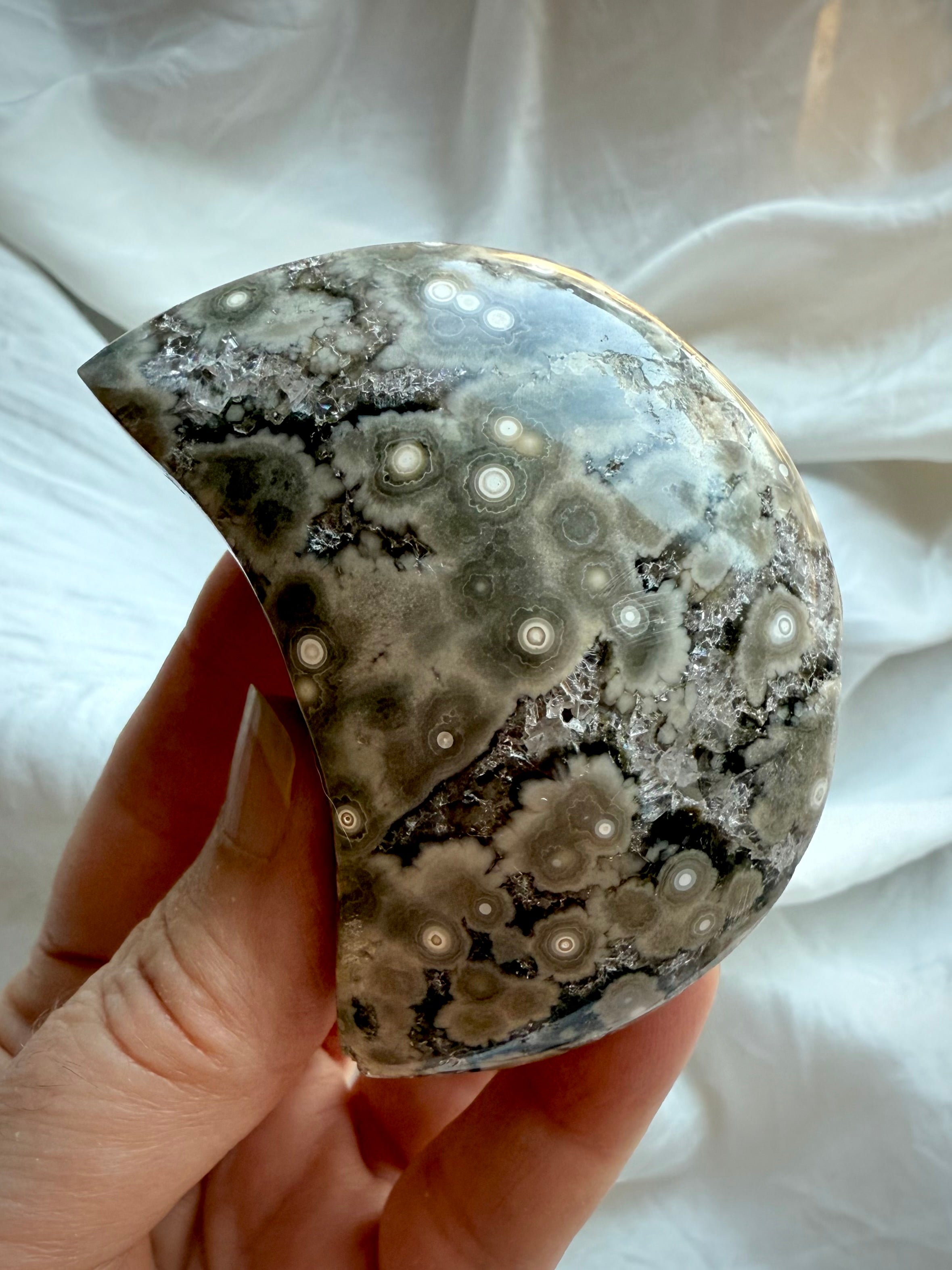 Crescent Ocean Jasper crystal moon displaying detailed orbicular flower-like markings and druzy sparkle