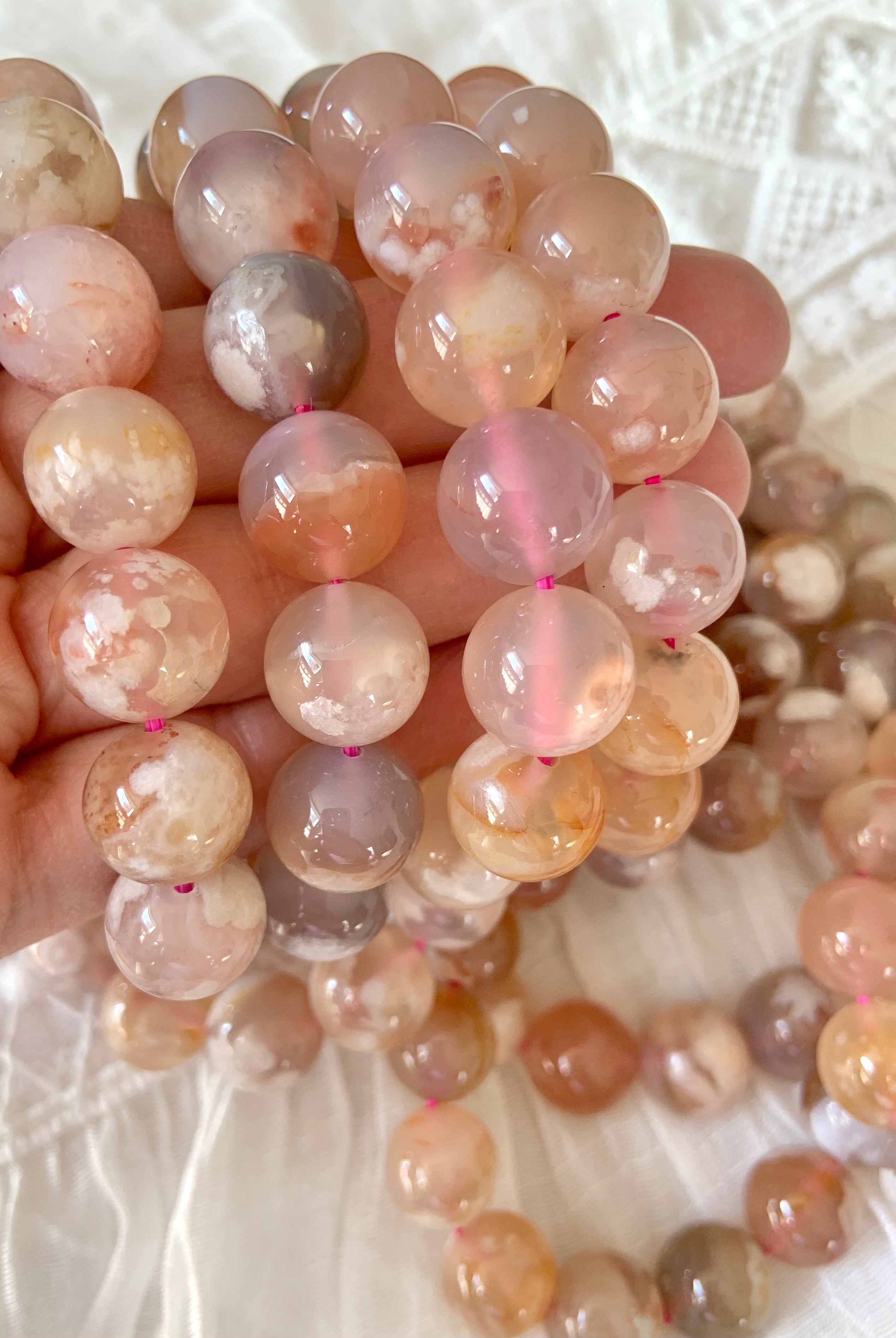 Dreamy Flower Agate Bracelets made from high quality, big bead, translucent, pastel flower agate