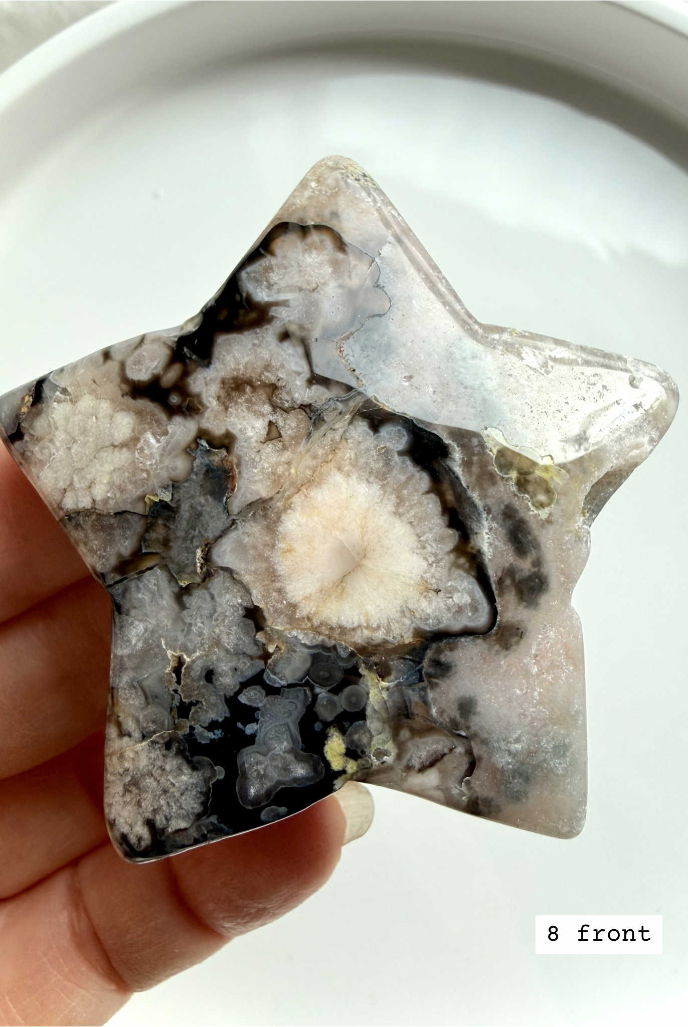 black flower agate star carving #8 back showing natural agate structure and subtle inclusions