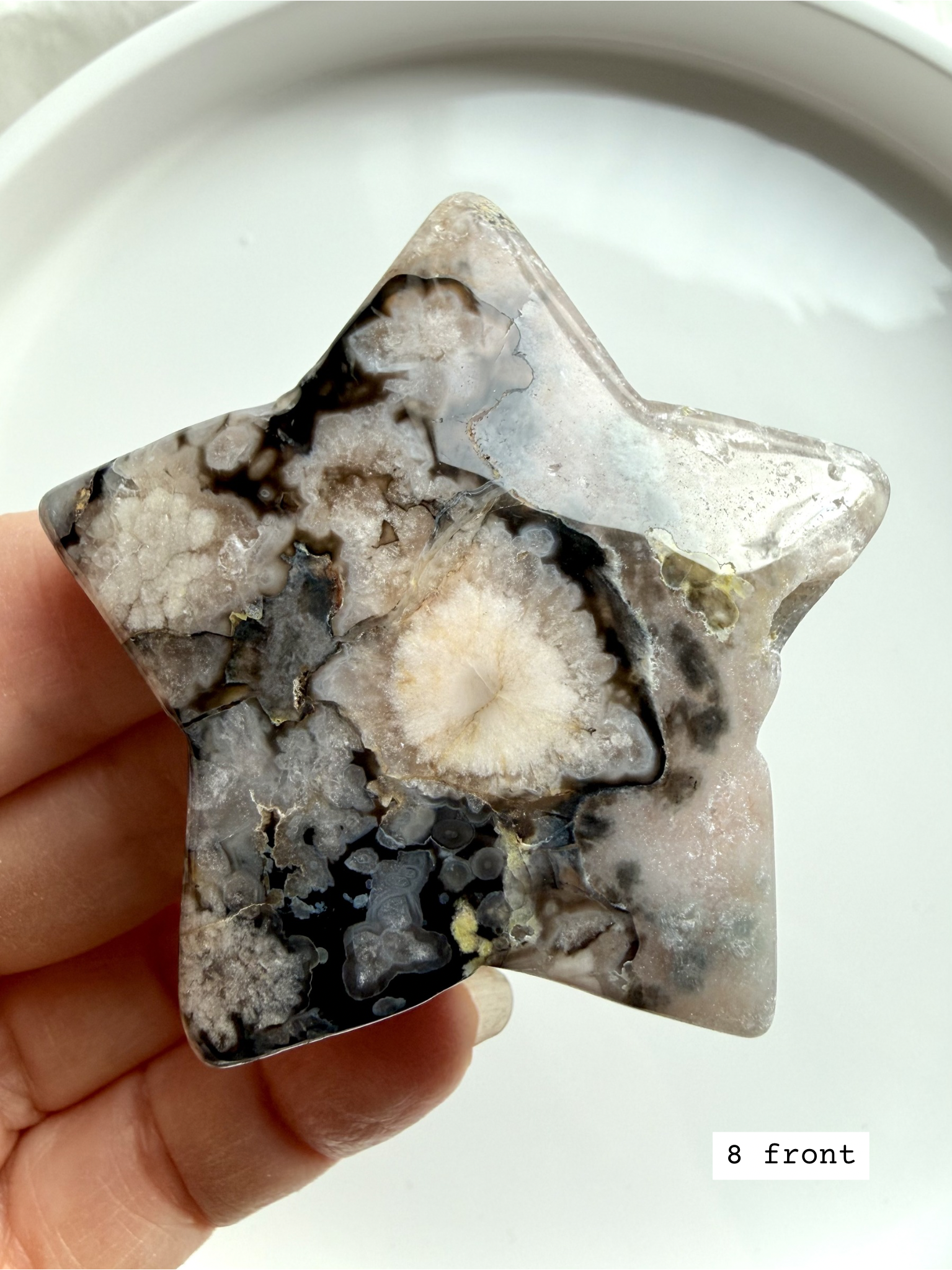 black flower agate star carving #8 back showing natural agate structure and subtle inclusions