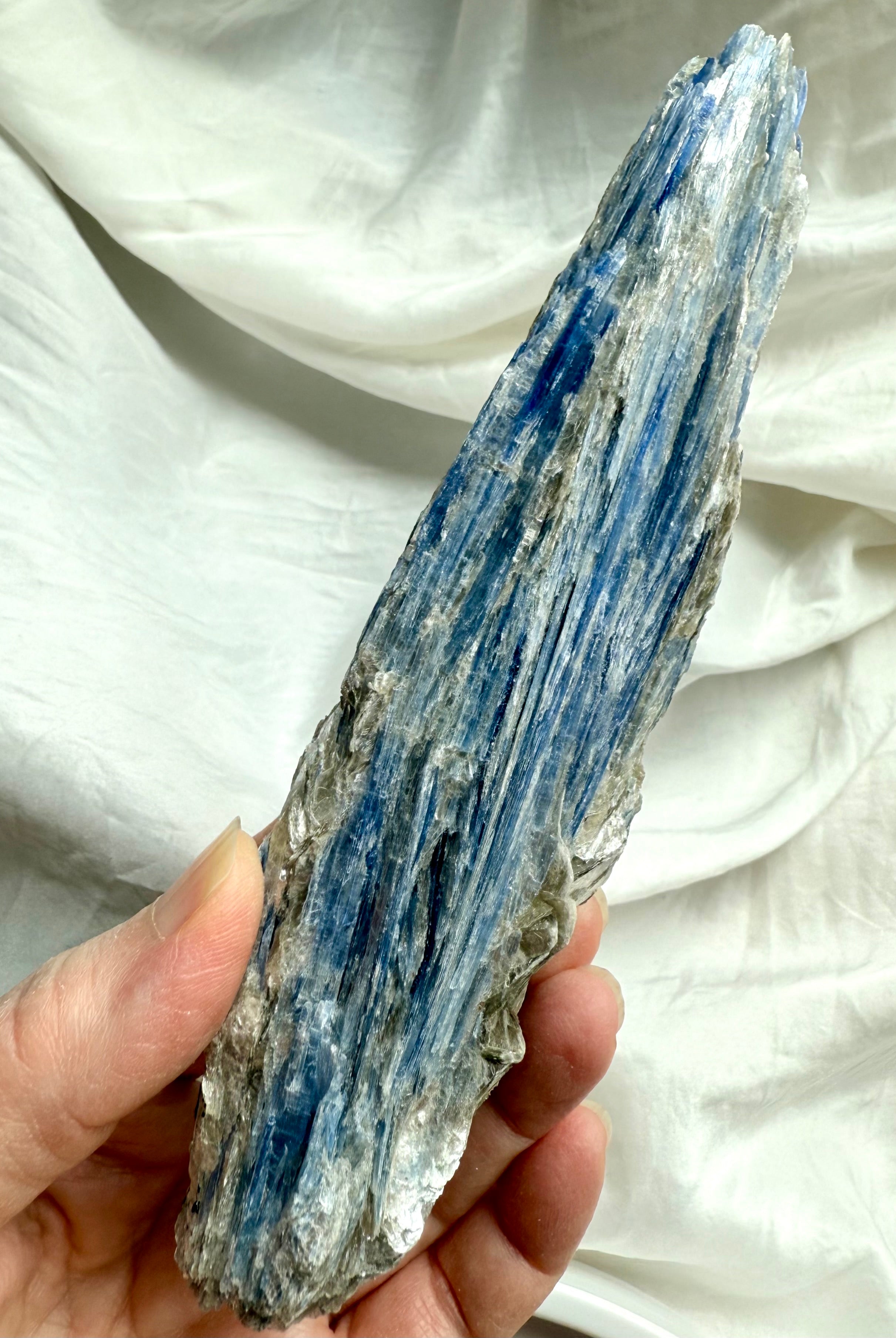 Large raw blue kyanite and muscovite crystal specimen with silvery mica shimmer, one of a kind throat chakra stone