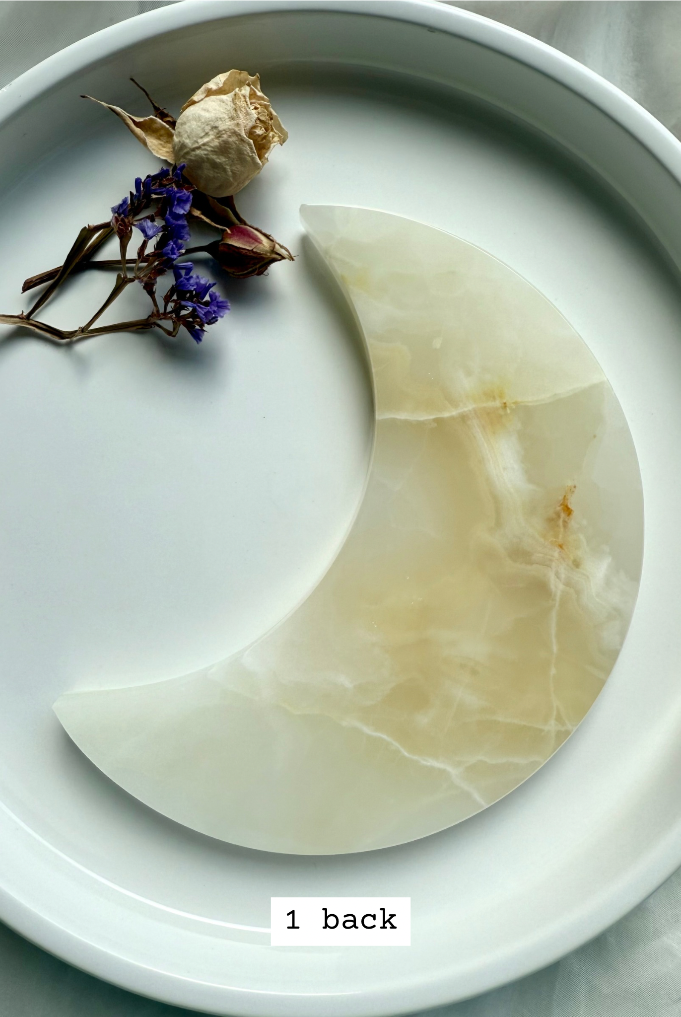White Onyx Crescent Moon Plate, soft golden and ivory patterns, crystal moon dish back view.