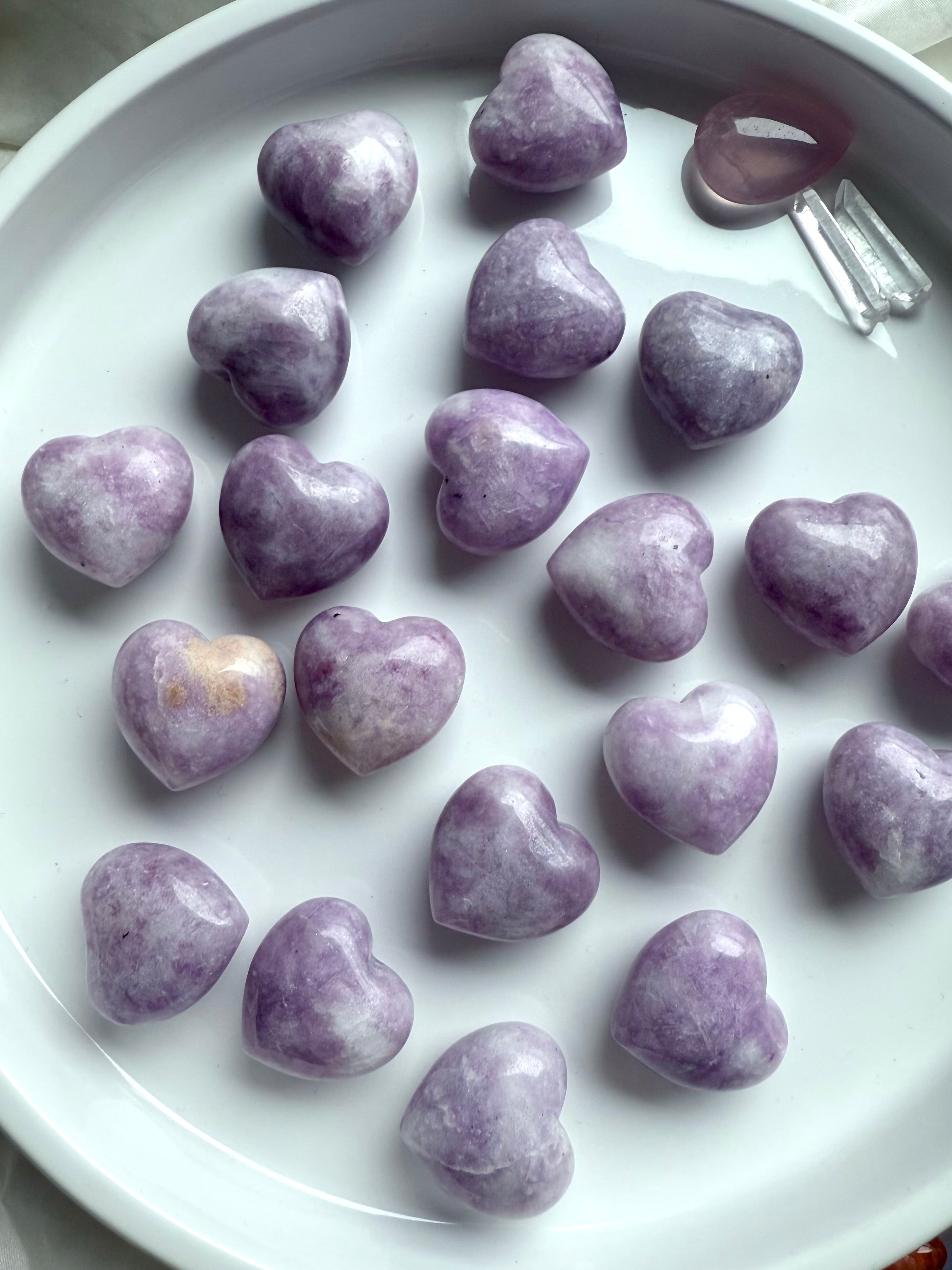 Lepidolite puffy hearts make a soothing pocket stone for stress relief + emotional support.