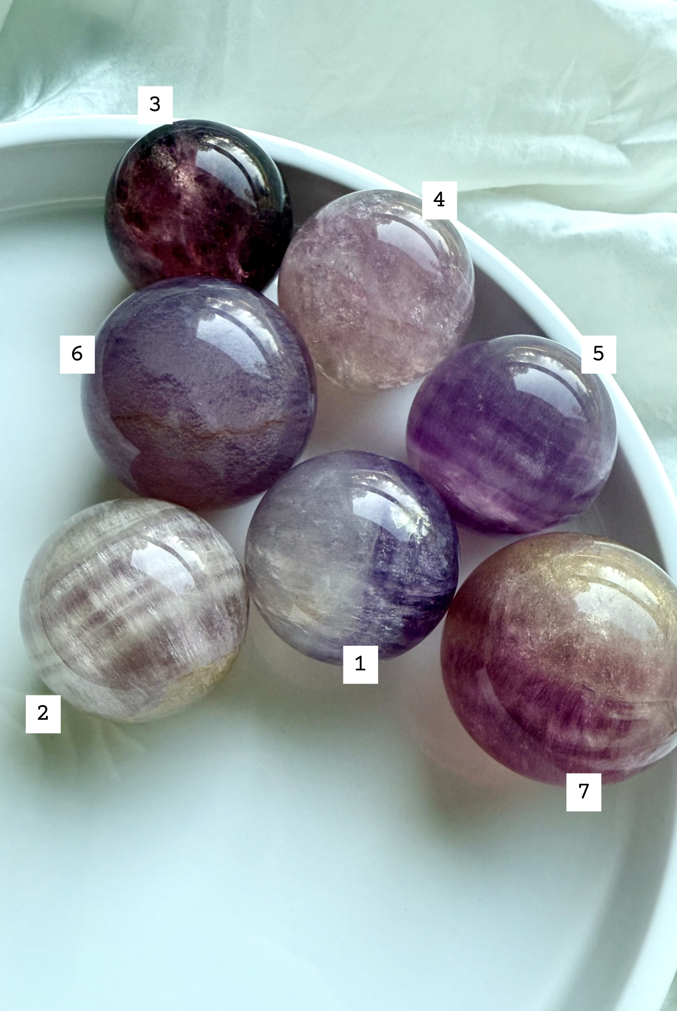 high quality Candy Fluorite crystal spheres with soft pink and violet swirls for clarity and intuition