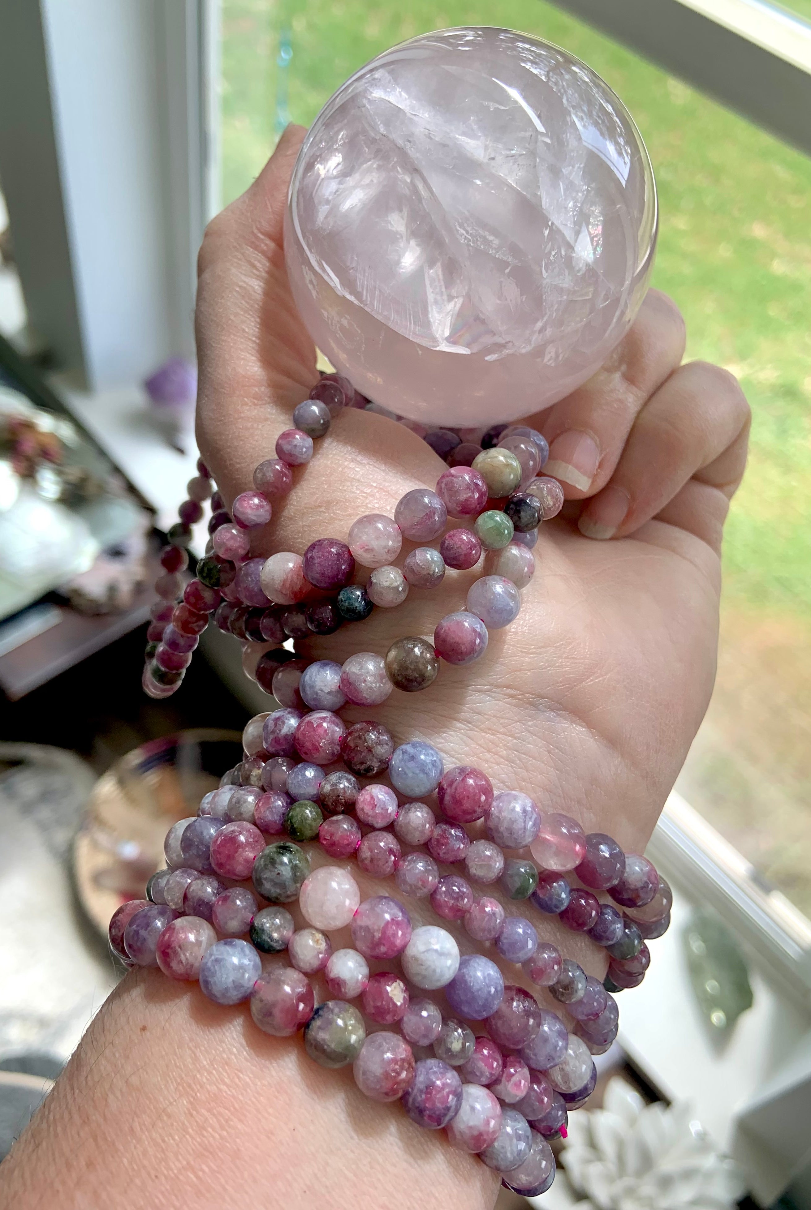 Watermelon Tourmaline & Lepidolite crystal bracelets with rose quartz sphere — healing jewelry for heart chakra support, peace + compassion