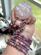 Watermelon Tourmaline & Lepidolite crystal bracelets with rose quartz sphere โ healing jewelry for heart chakra support, peace + compassion