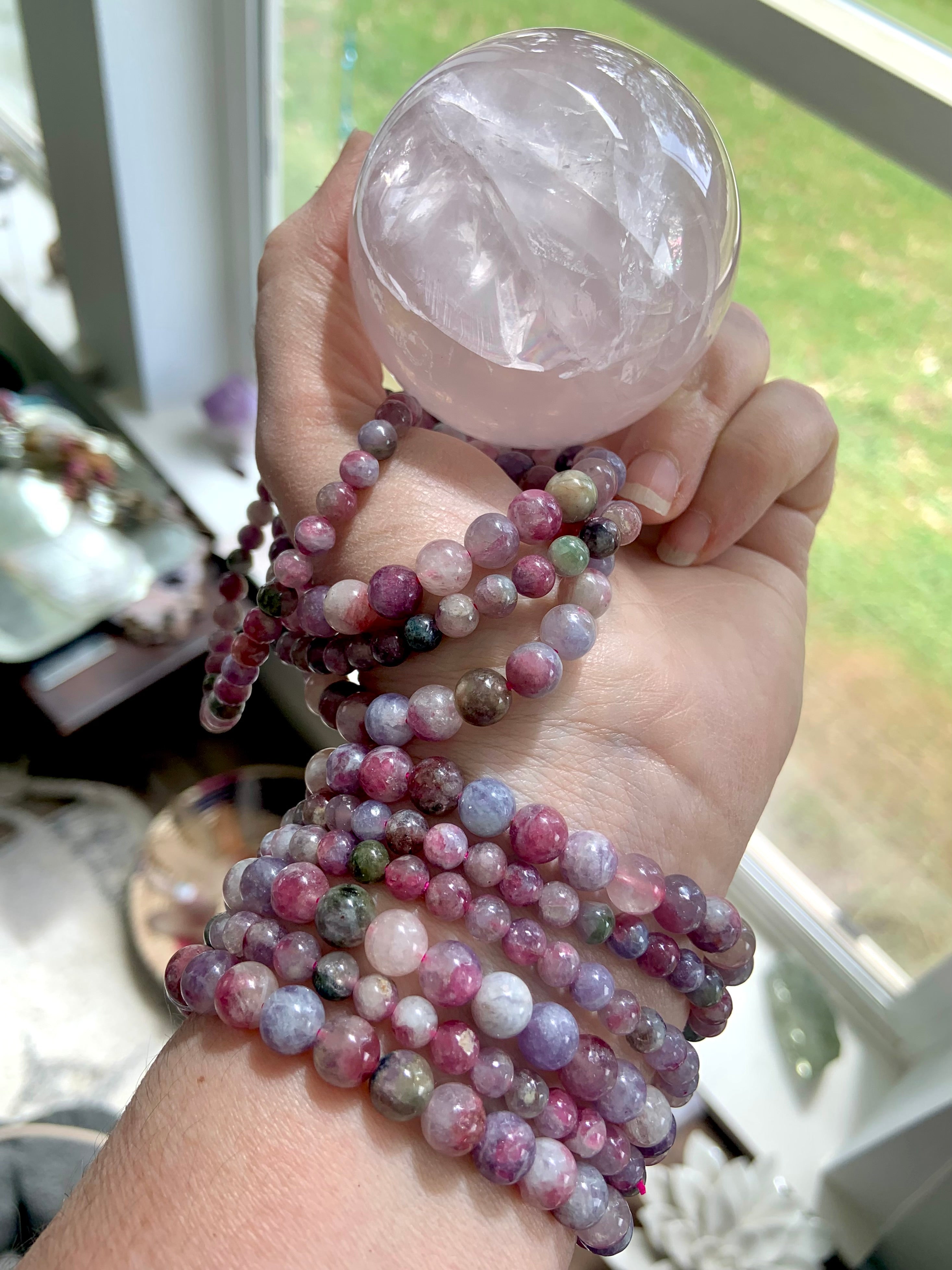 Watermelon Tourmaline & Lepidolite crystal bracelets with rose quartz sphere โ healing jewelry for heart chakra support, peace + compassion