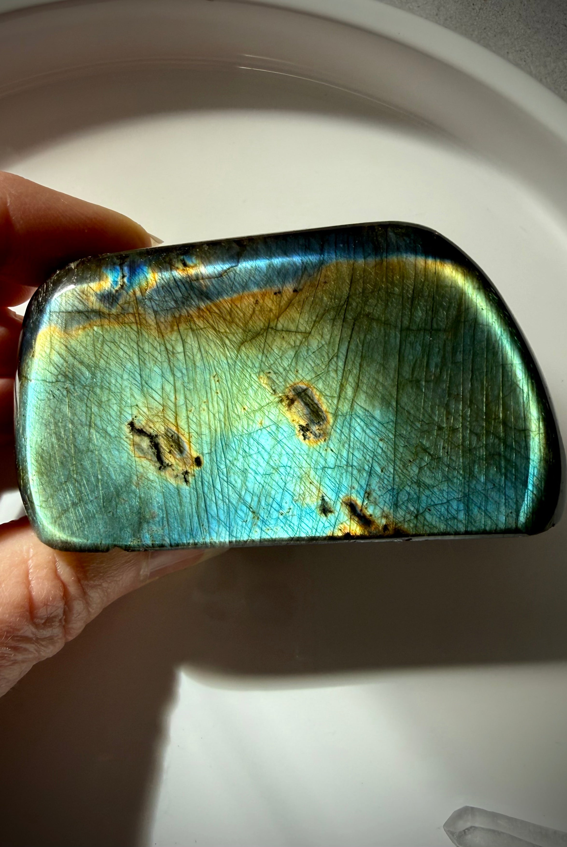 Natural Labradorite freeform from Madagascar with blue green and gold flash