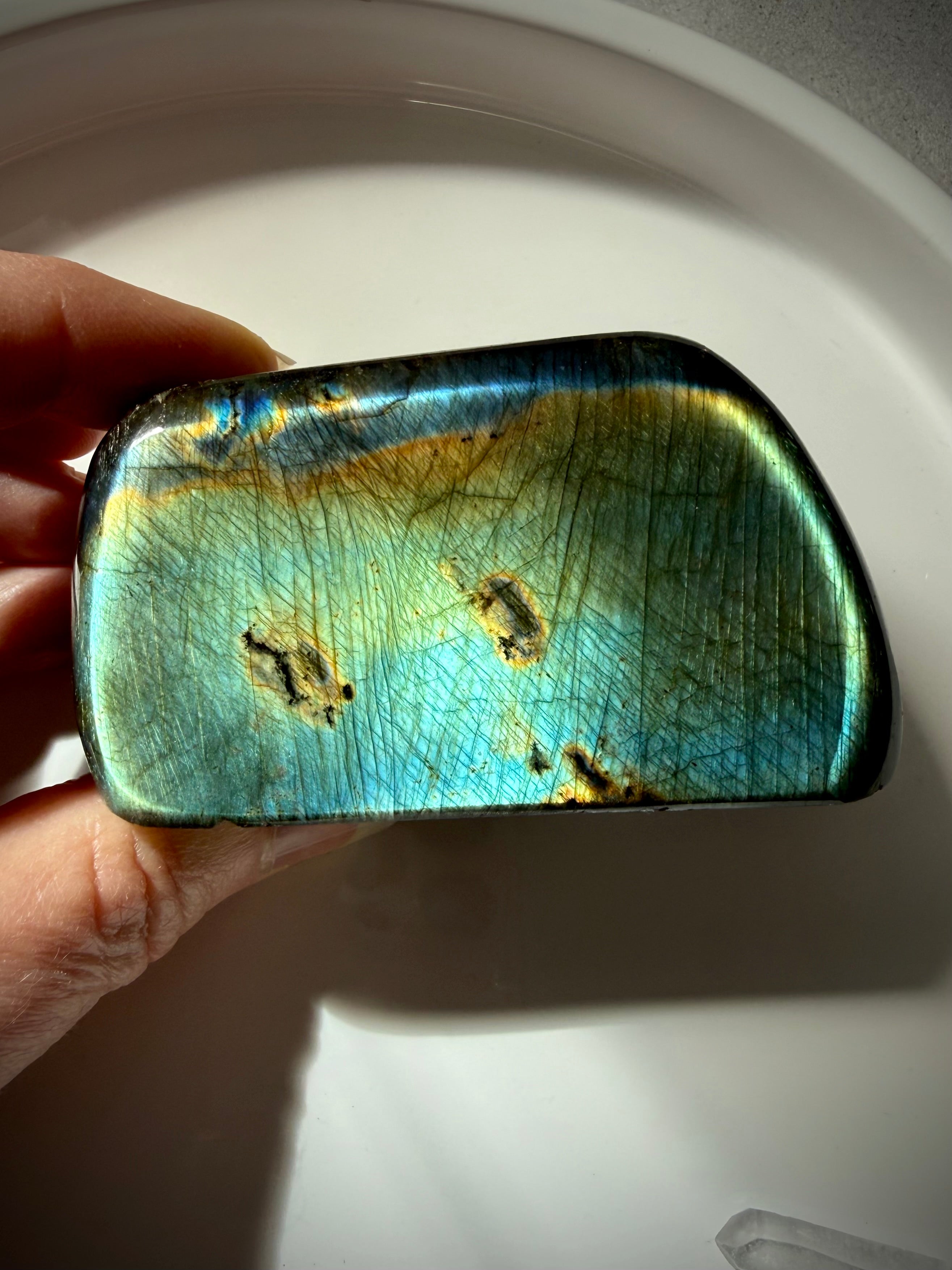 Natural Labradorite freeform from Madagascar with blue green and gold flash
