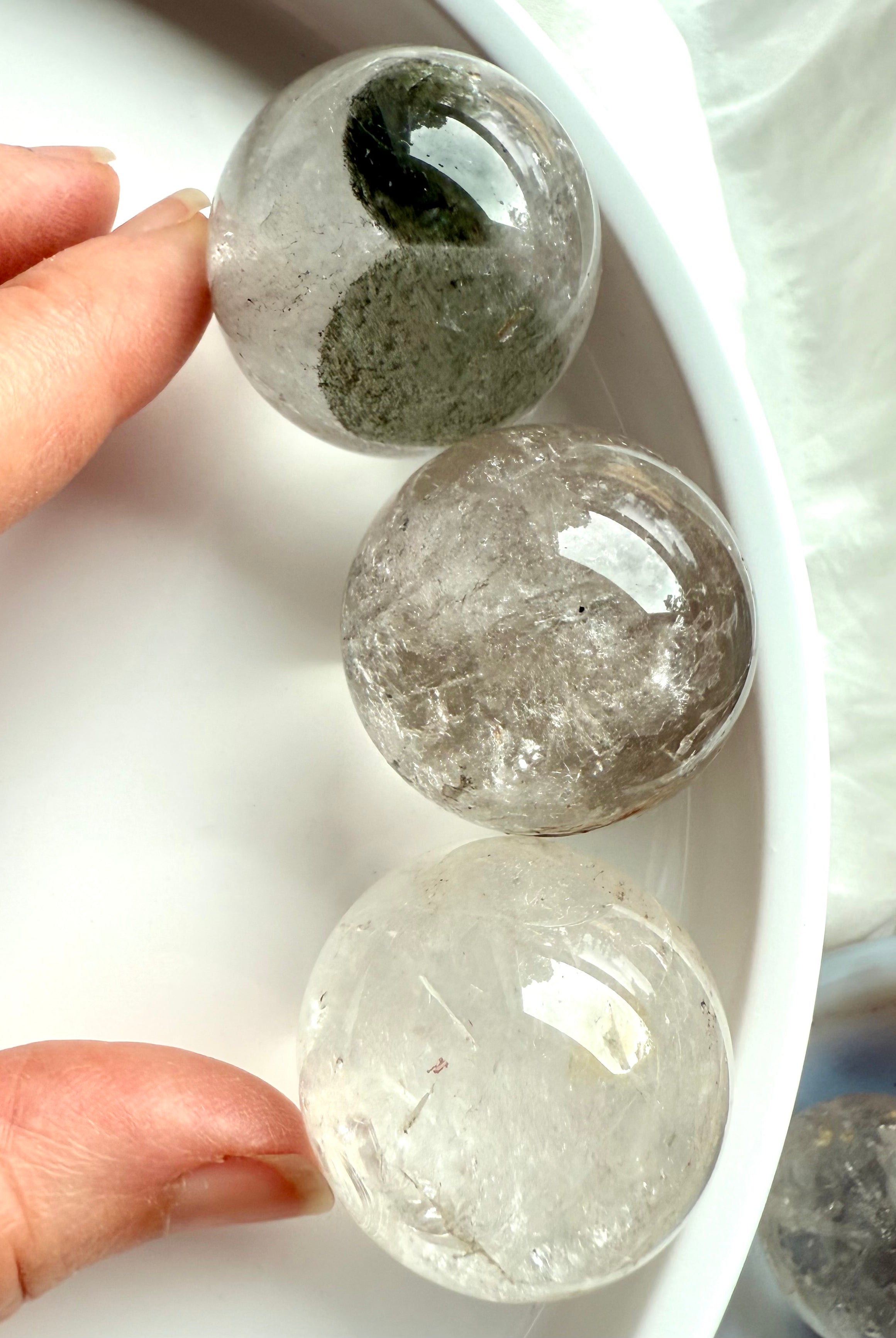 garden quartz spheres – lodolite crystal spheres with mineral inclusions for grounding + meditation