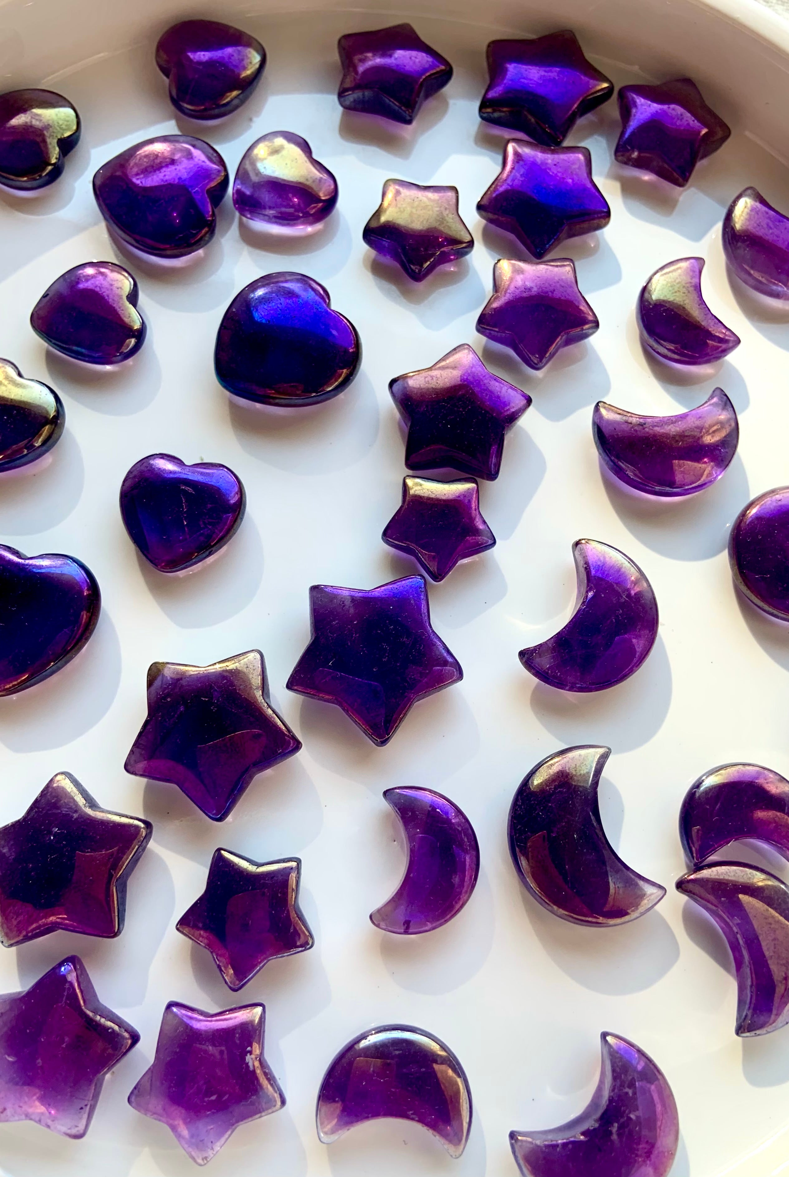 Mini sized Aura Amethyst Moons, Stars + Hearts for crystal grids + gifting