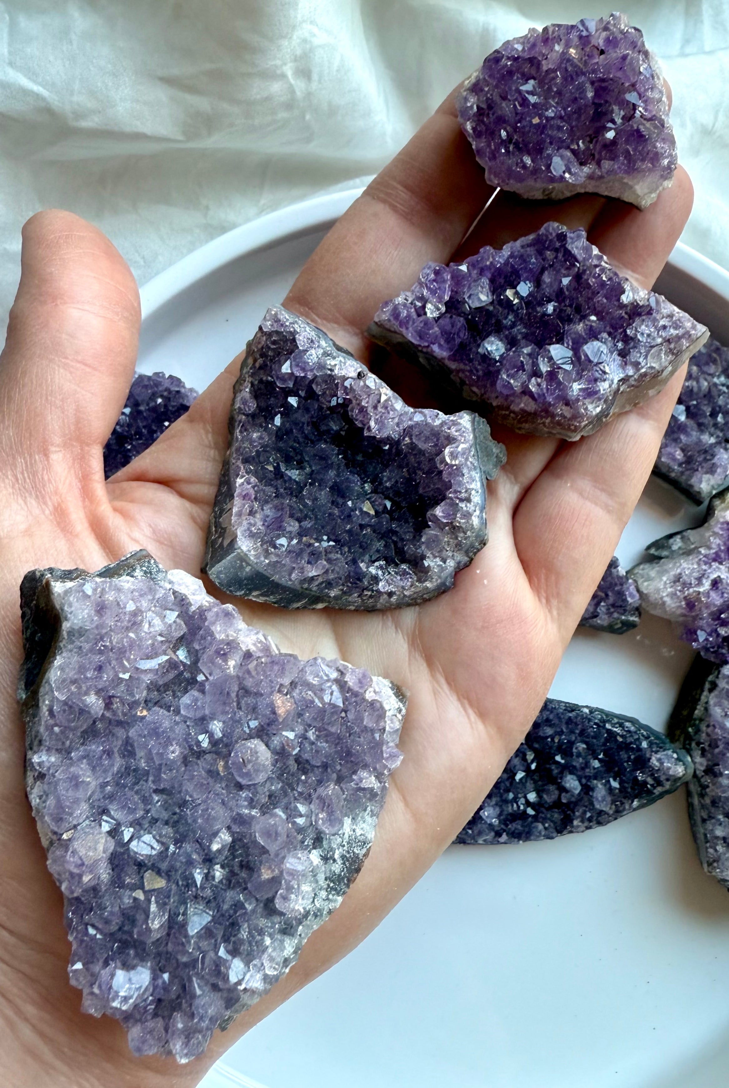Sparkly Amethyst geode clusters in assorted sizes shown in hand for scale