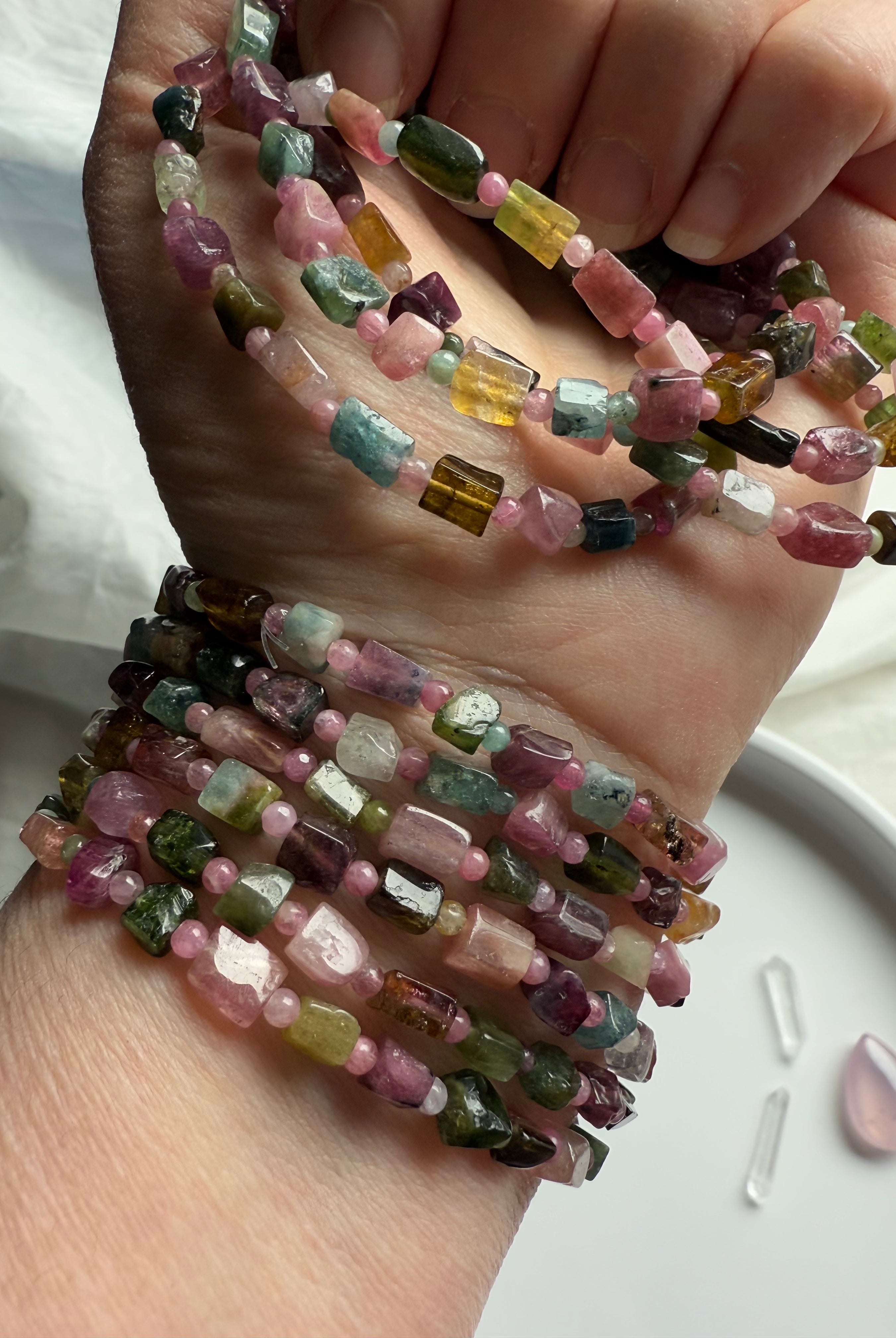 Wear a Multicolor Tourmaline Bracelet for heart chakra activation, inspiration, and compassion