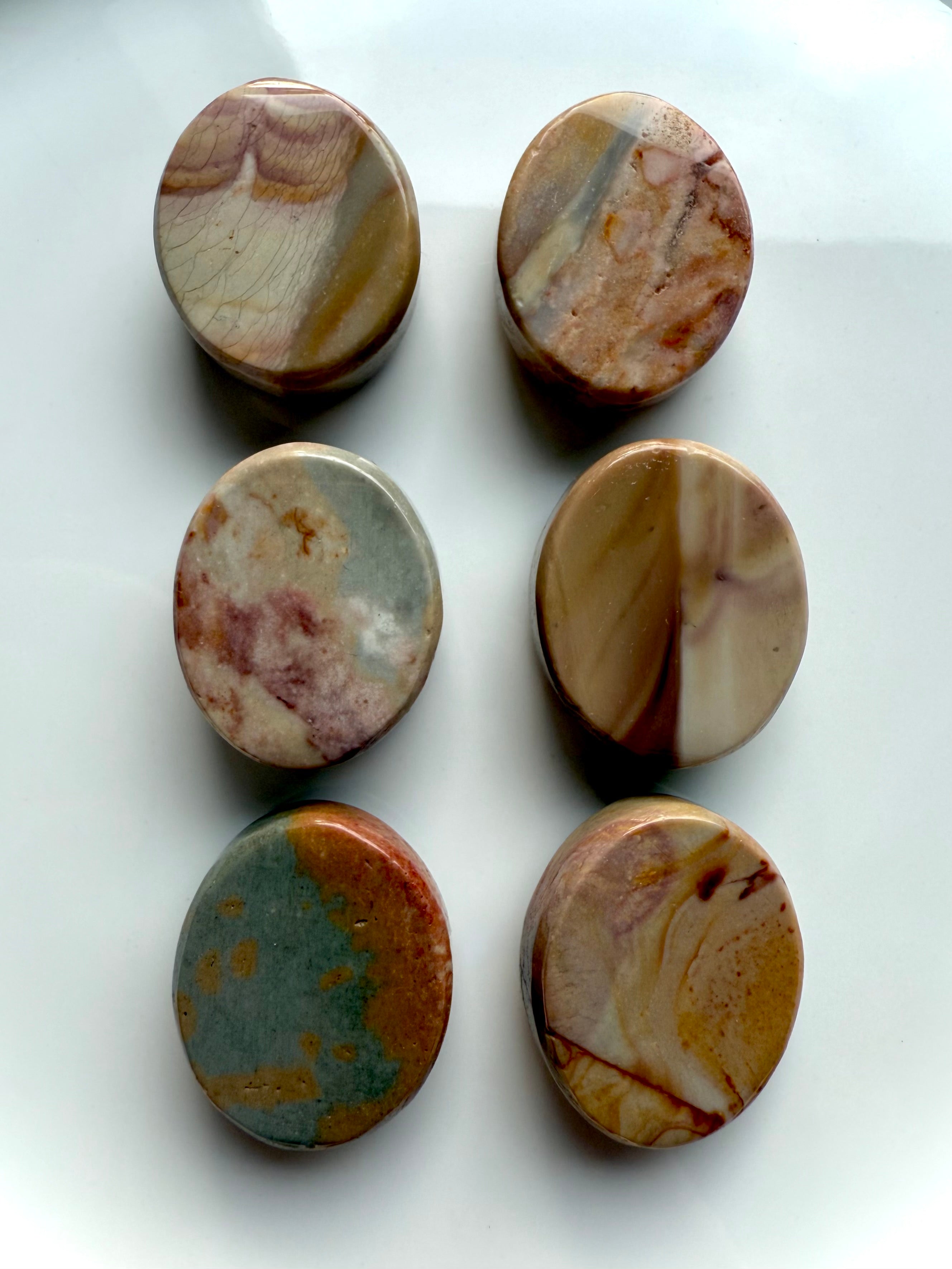 Assorted Polychrome Jasper cabochons shown from the back to highlight organic markings and desert-tone patterns — earthy crystals for balance and stability.