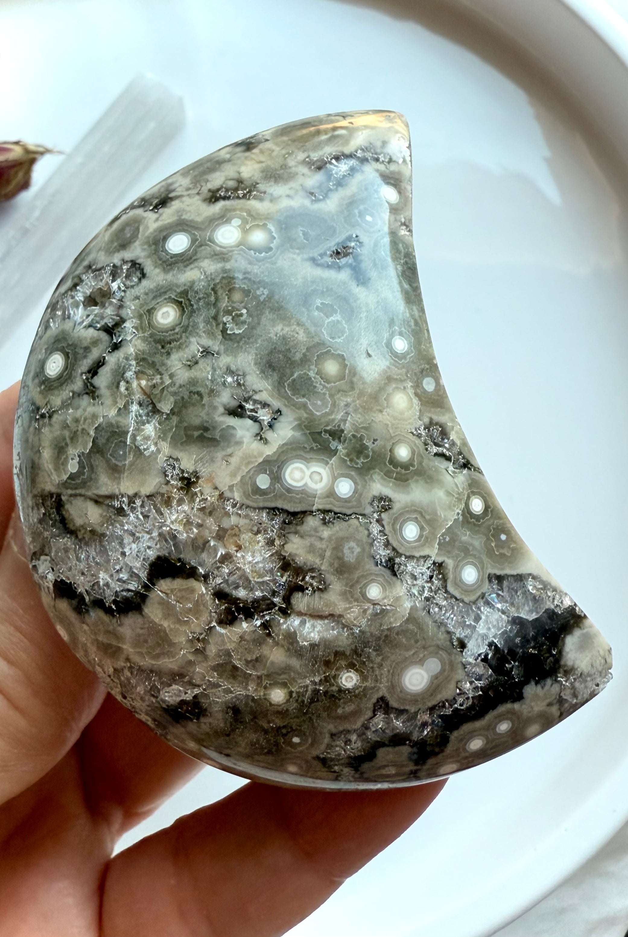 Polished Ocean Jasper moon carving with striking concentric circles and natural druzy cluster on white background