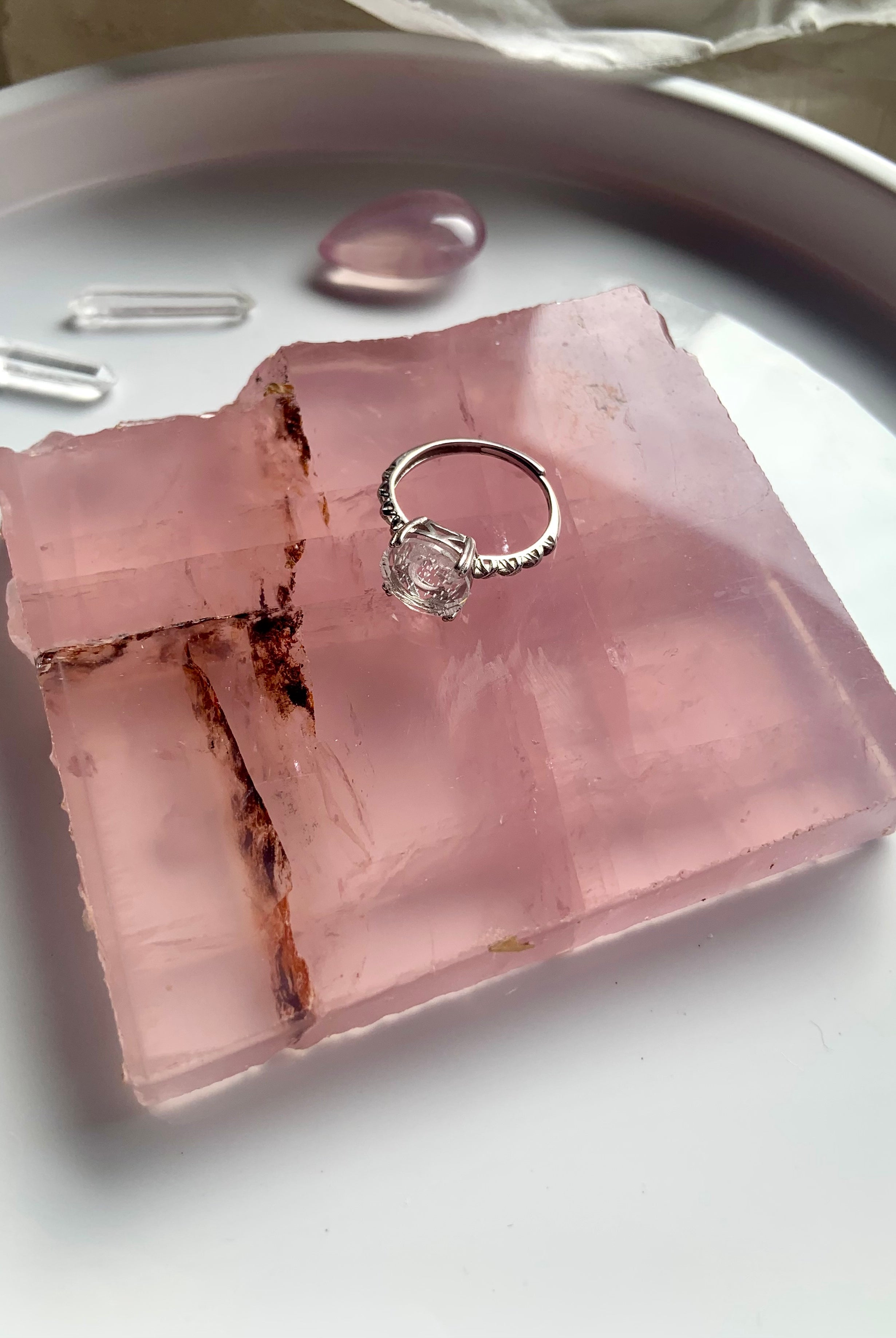 Star Rose Quartz Slab from Mozambique shown in use as a ring plate.