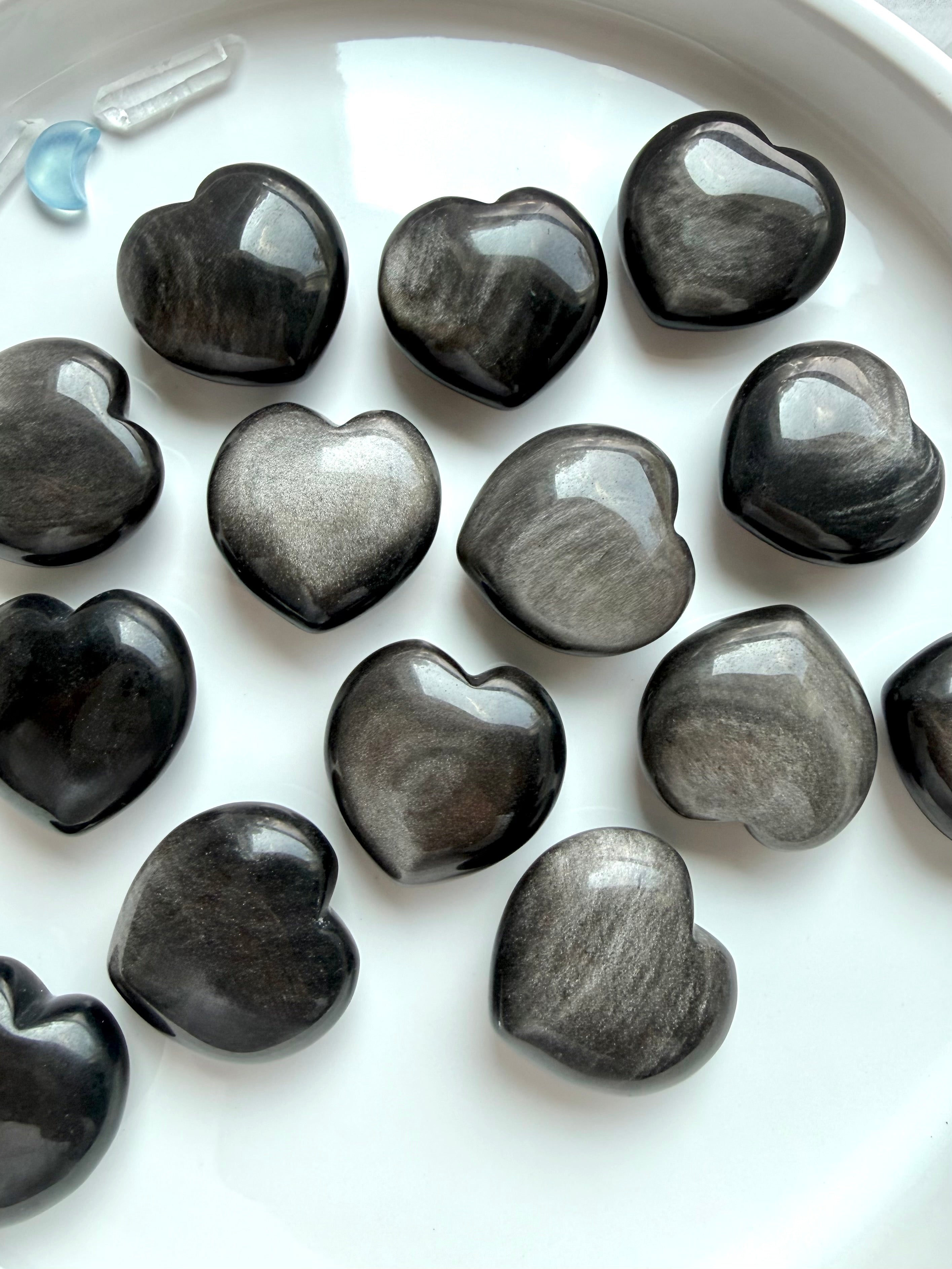 Silver Sheen Obsidian heart crystals with luminous silver flash for protection, grounding and intuition