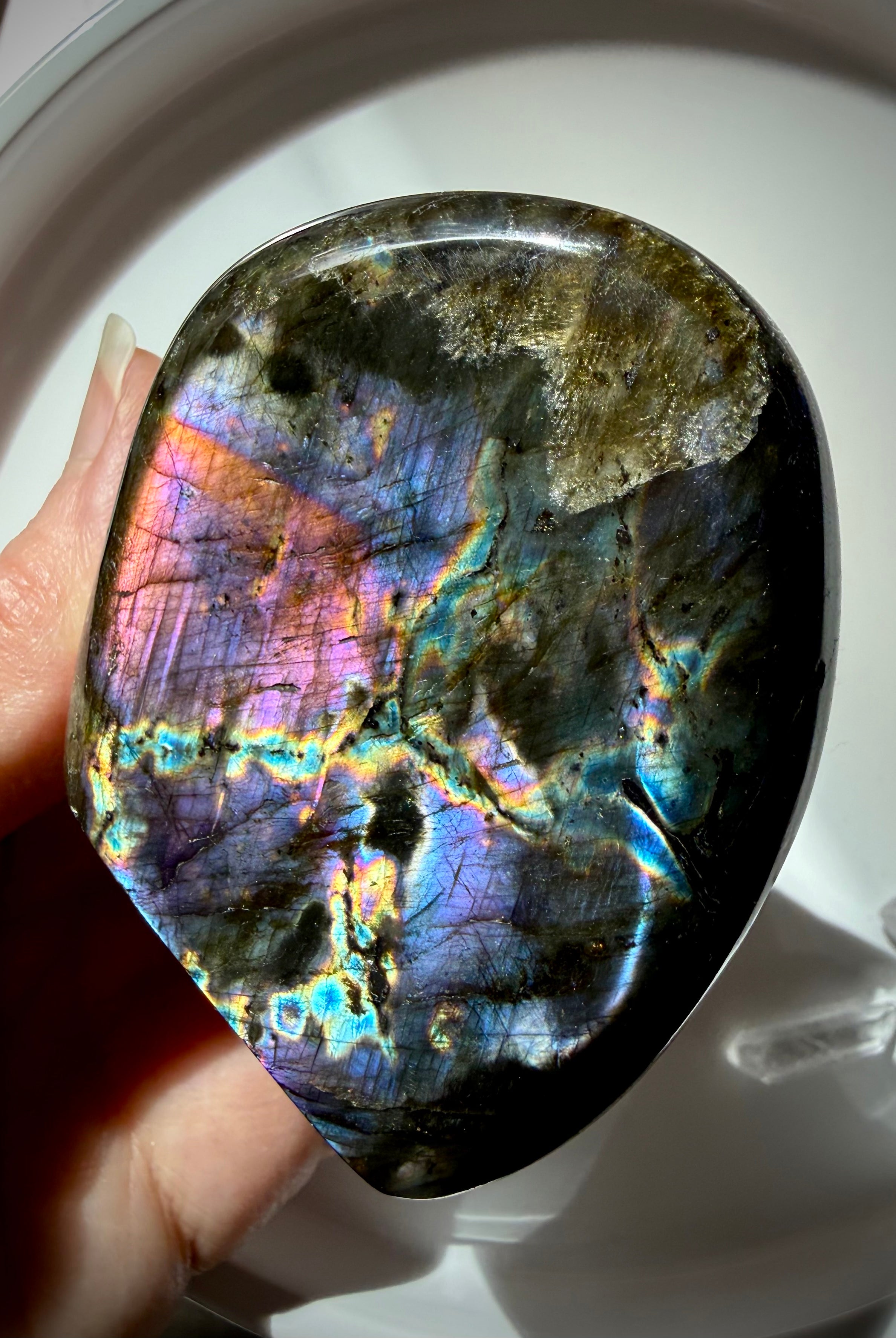 Rainbow Labradorite crystal freeform held in hand showing vivid pink, purple, blue and gold flash