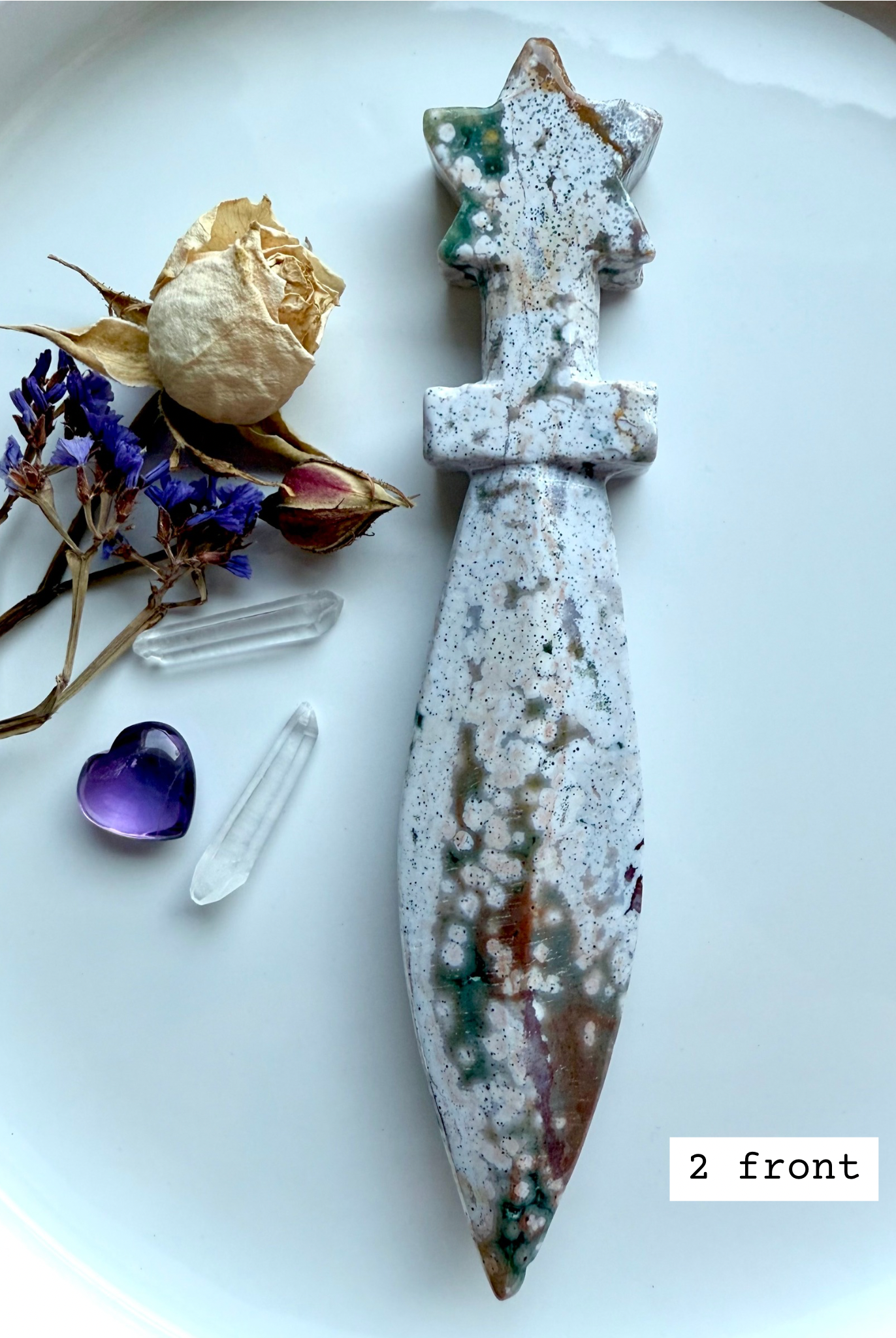 Ocean Jasper star knife # 2 front – crystal athame with celestial star handle and smooth jasper blade, unique mineral pattern