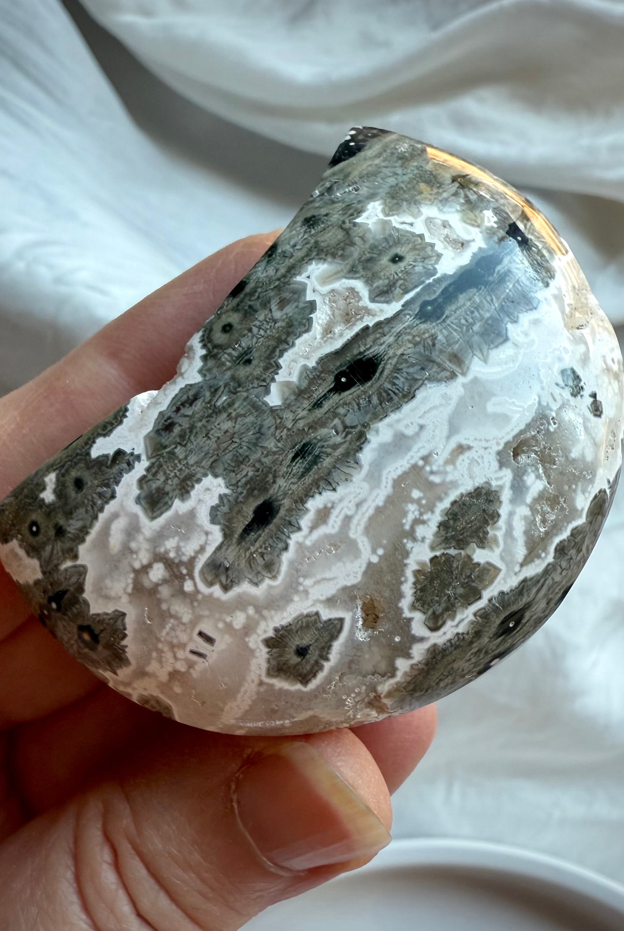 Gray Ocean Jasper Crescent Moon with dramatic black orbicular patterns and natural druzy detail, healing palm stone for grounding and inner strength