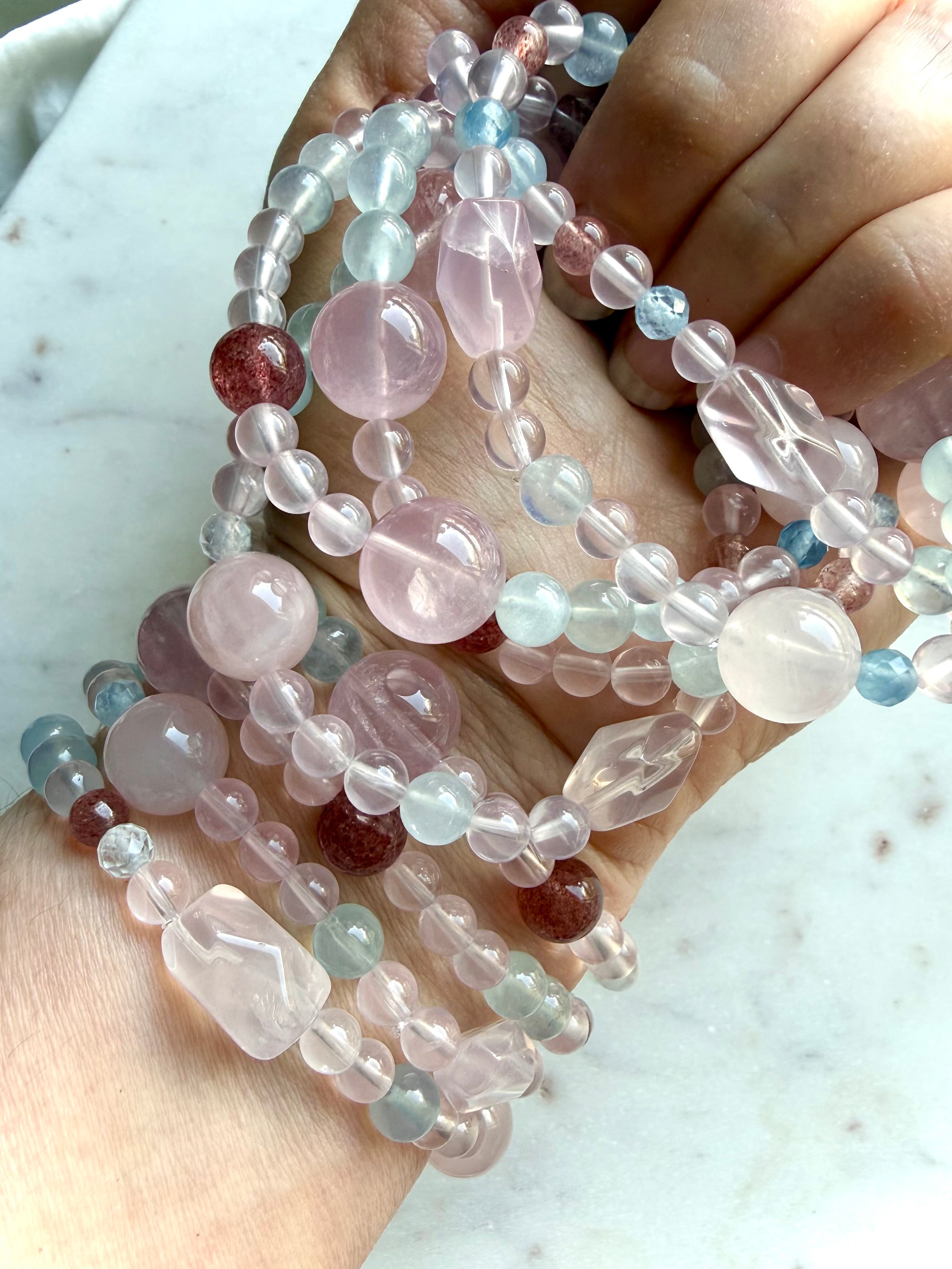 mixed gemstone bracelet with rose quartz aquamarine strawberry quartz and blue topaz beads, pastel crystal bracelet for heart chakra healing and layering