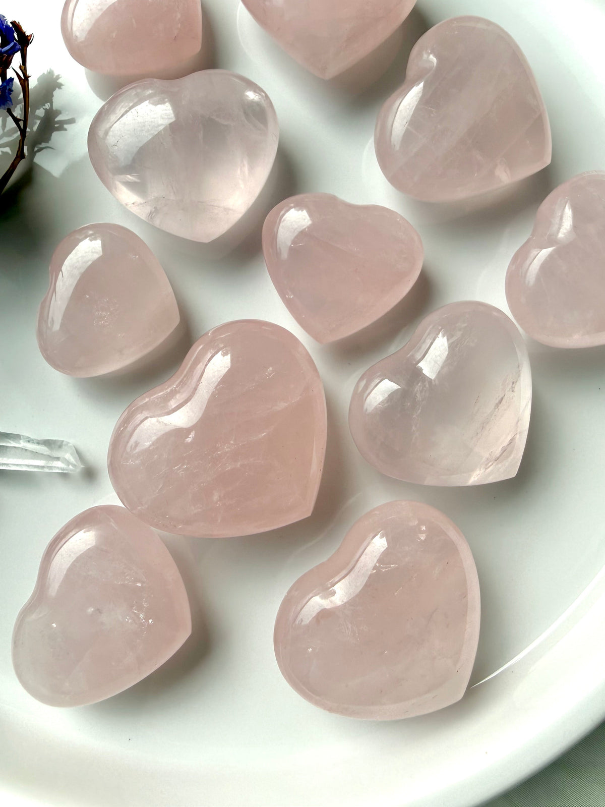Natural rose quartz hearts collection showing variation in color and translucency, polished crystal hearts