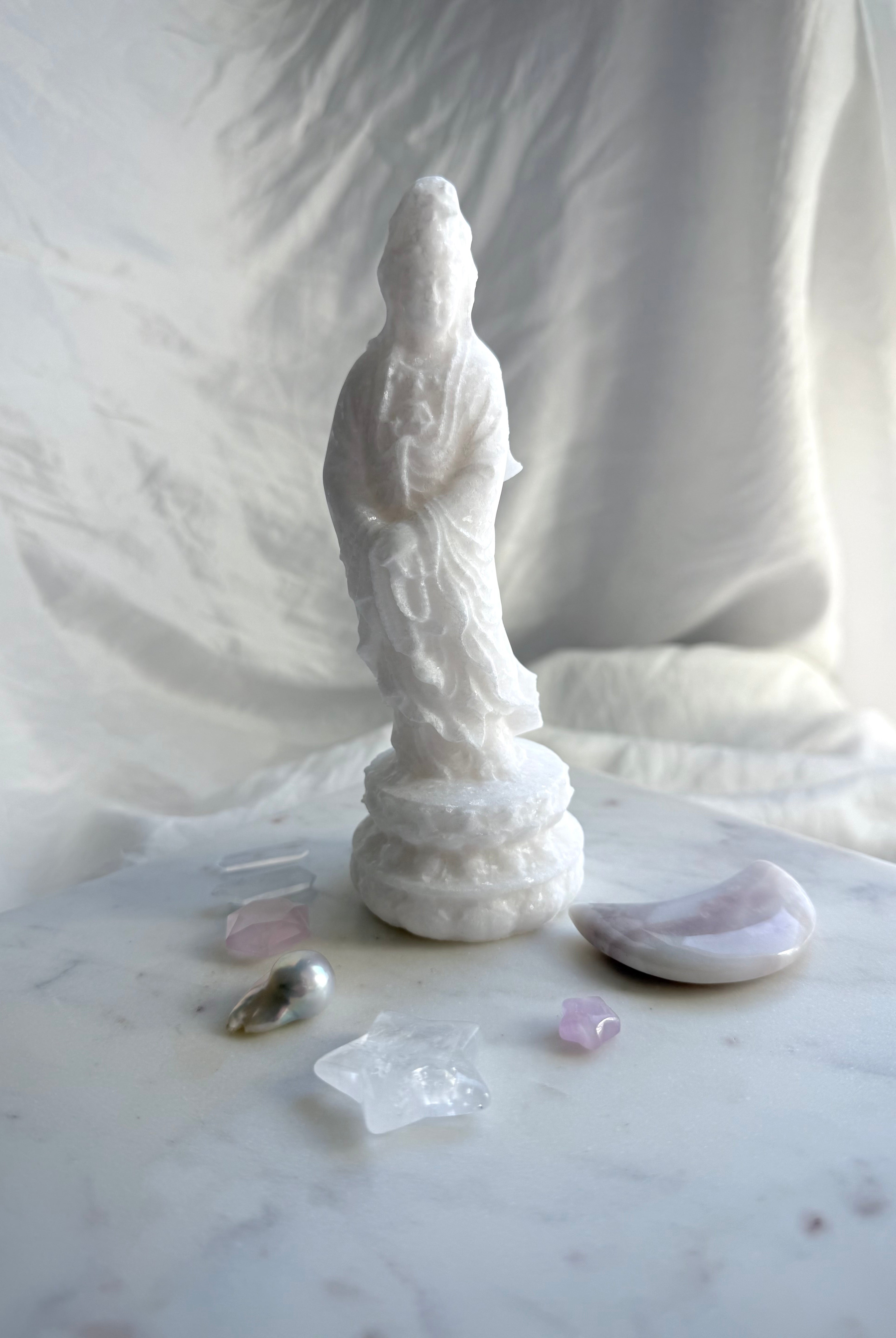 Front view of White Jade Standing Quan Yin statue symbolizing compassion, peace, and protection