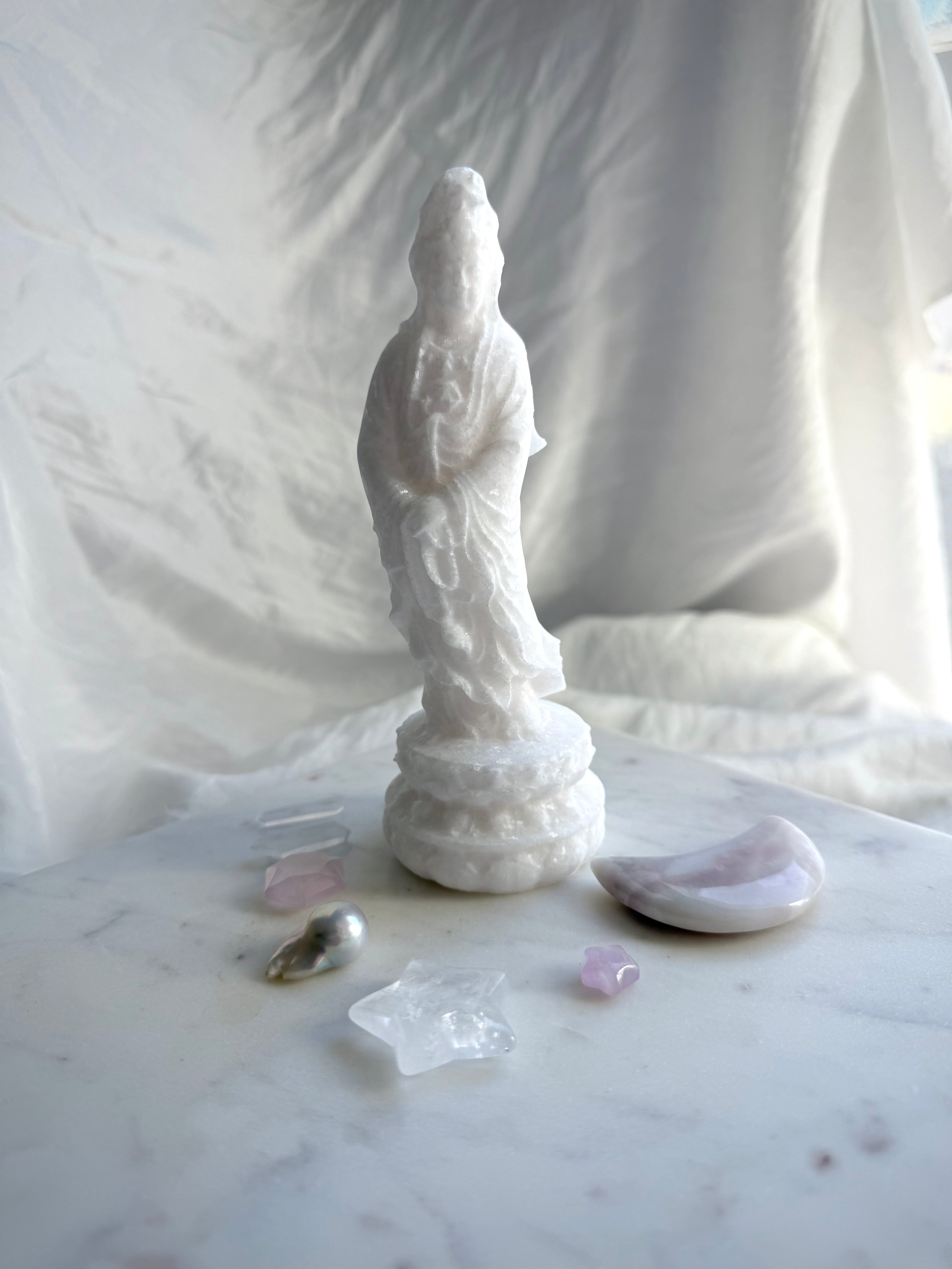 Front view of White Jade Standing Quan Yin statue symbolizing compassion, peace, and protection