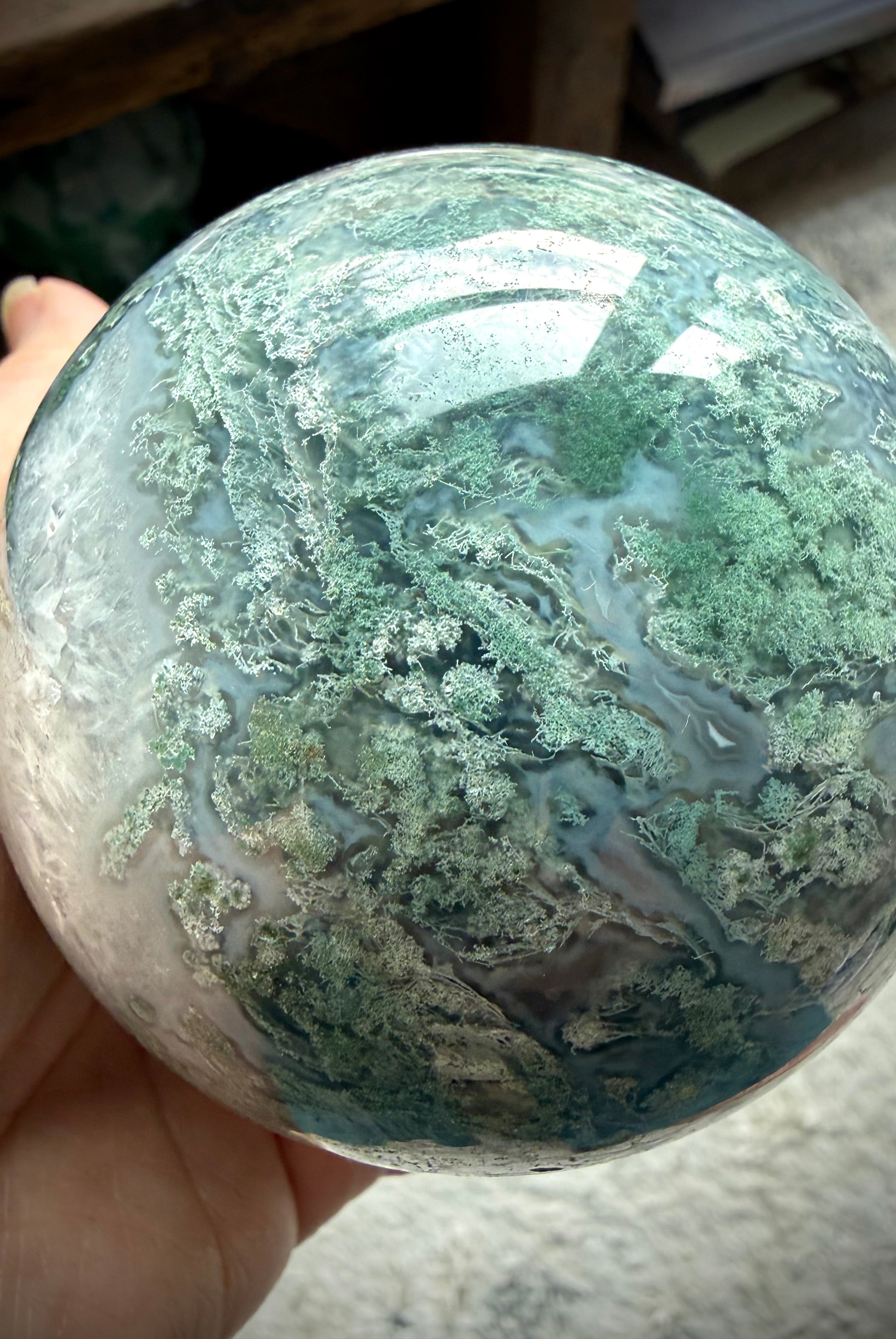 81mm Moss Agate crystal ball with natural Quartz formations and unique lace-like garden patterns