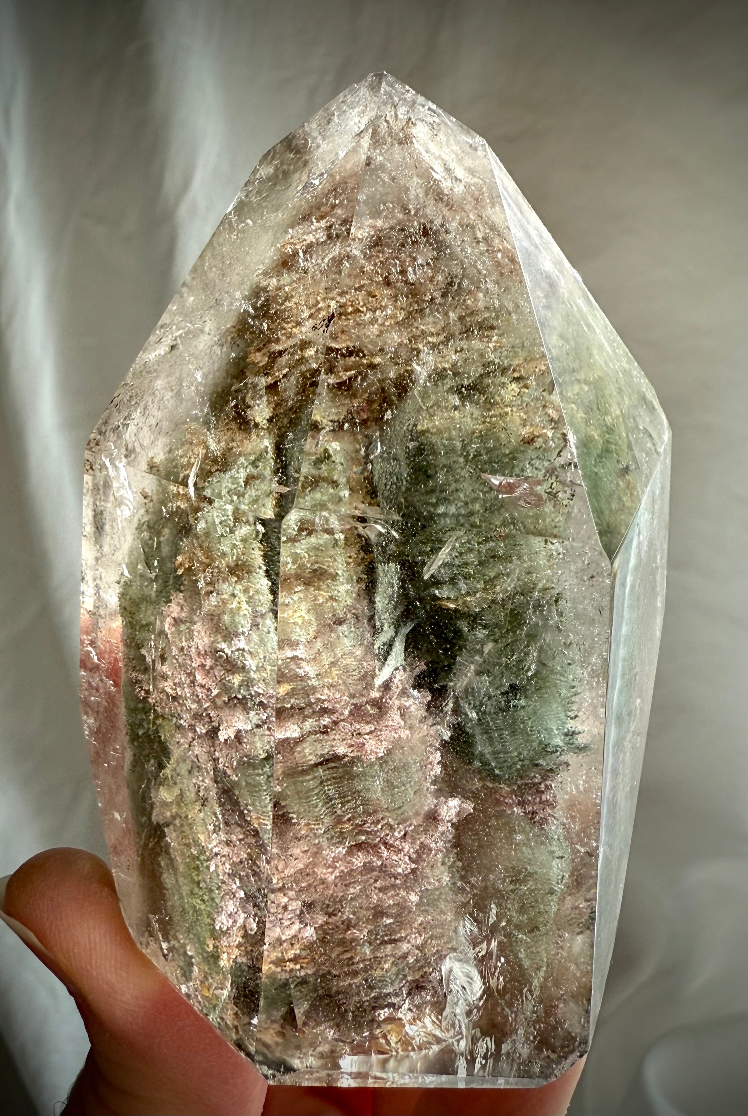 One of a kind Thousand Layer Garden Quartz phantom crystal with mossy green layers and natural internal landscapes