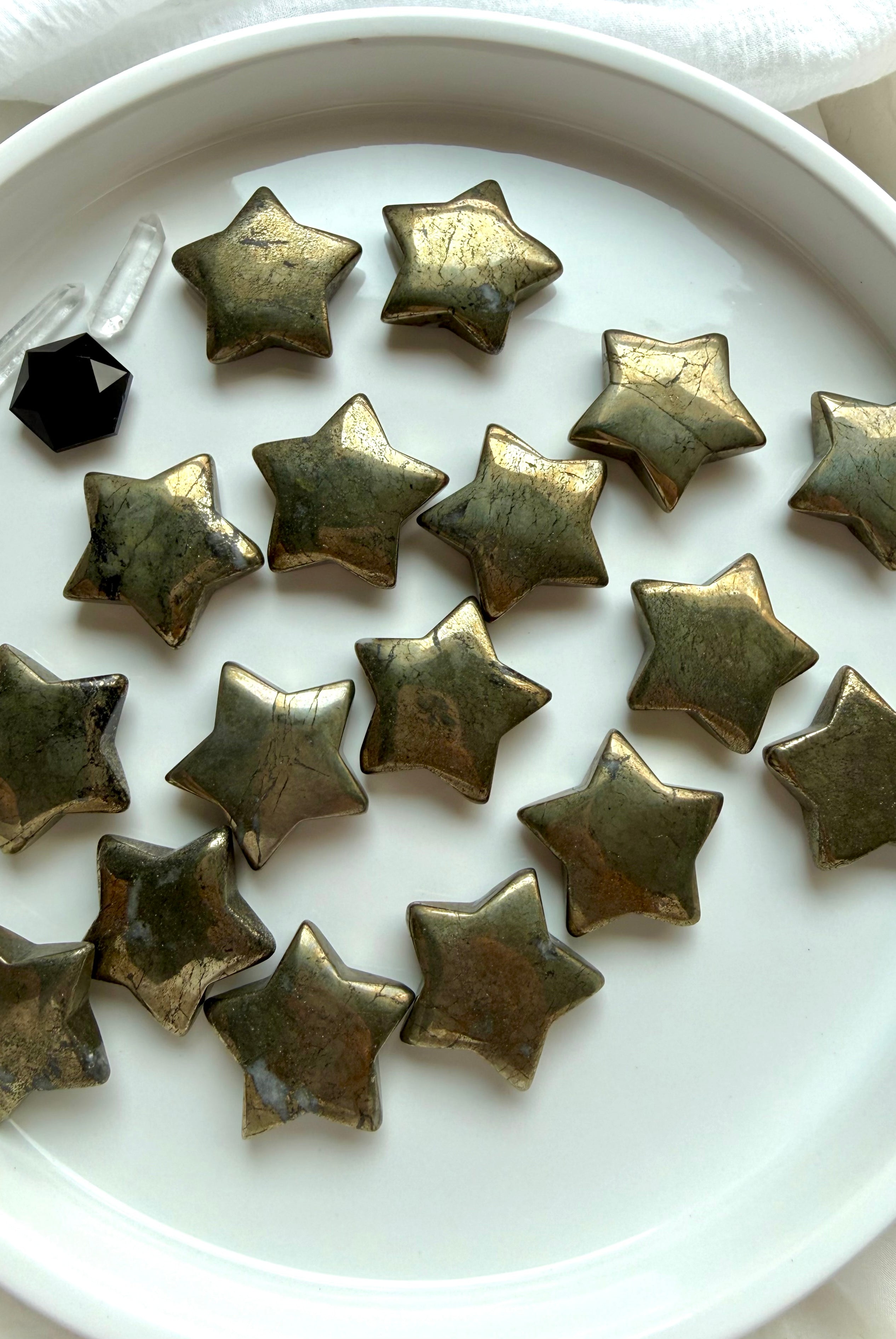 Pyrite star crystals arranged together with golden metallic luster for abundance and manifestation