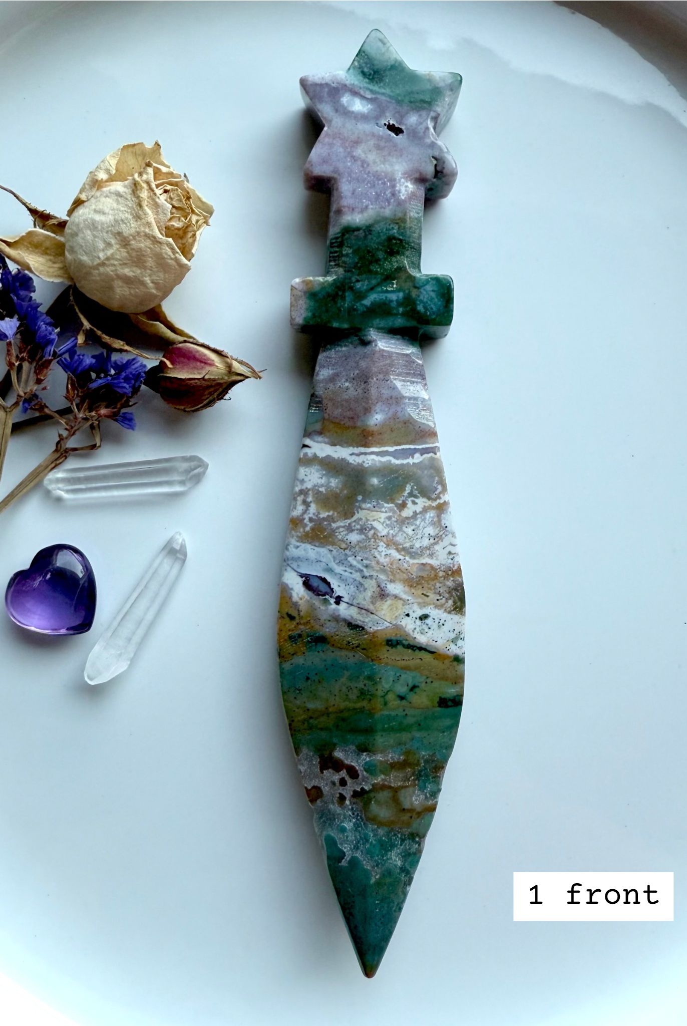 Ocean Jasper star knife # 1 front – crystal athame with star handle and polished stone blade, showing multicolor mineral patterns