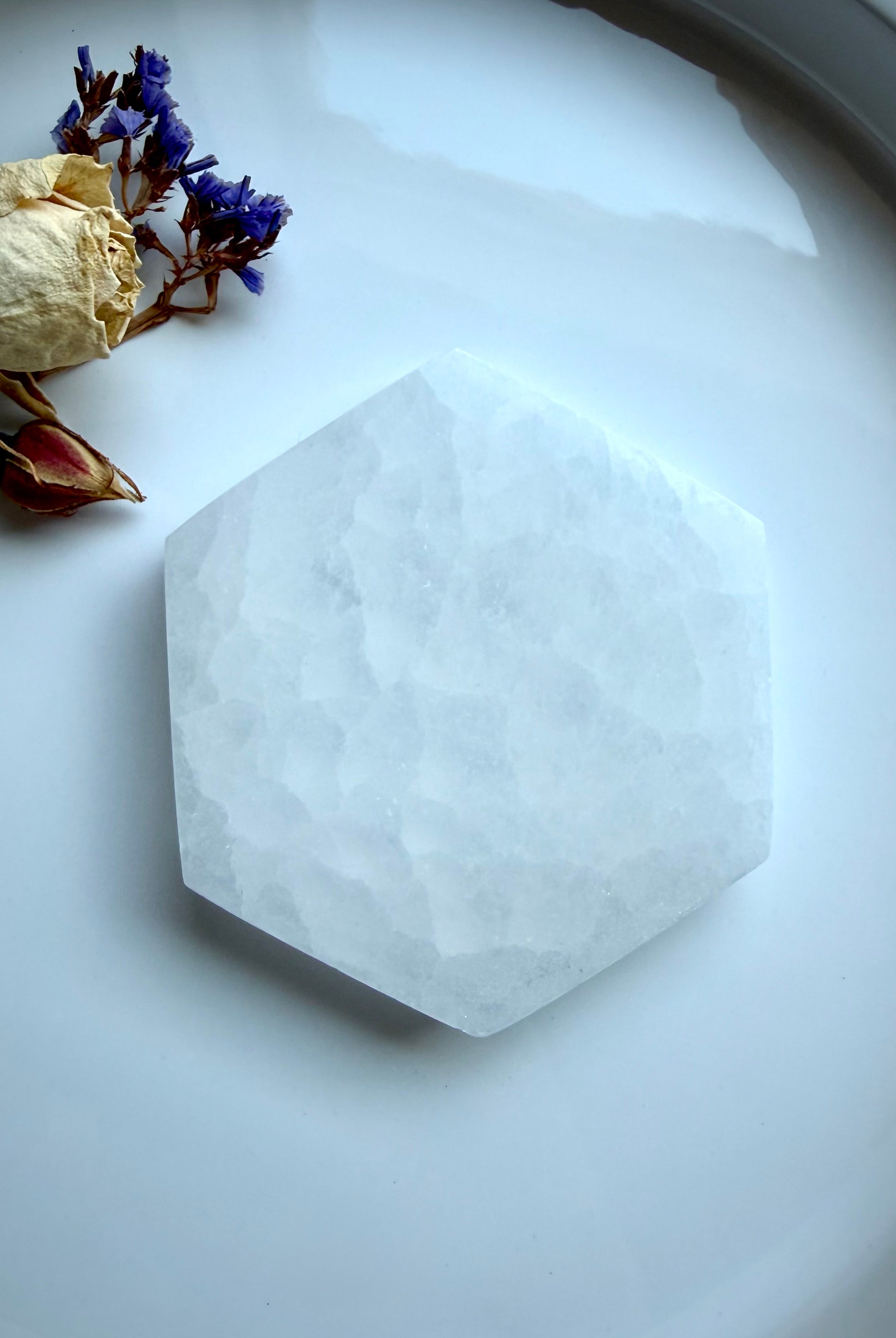 White Selenite hexagon charging plate with natural satin banding for crystal cleansing, energy clearing and sacred geometry rituals
