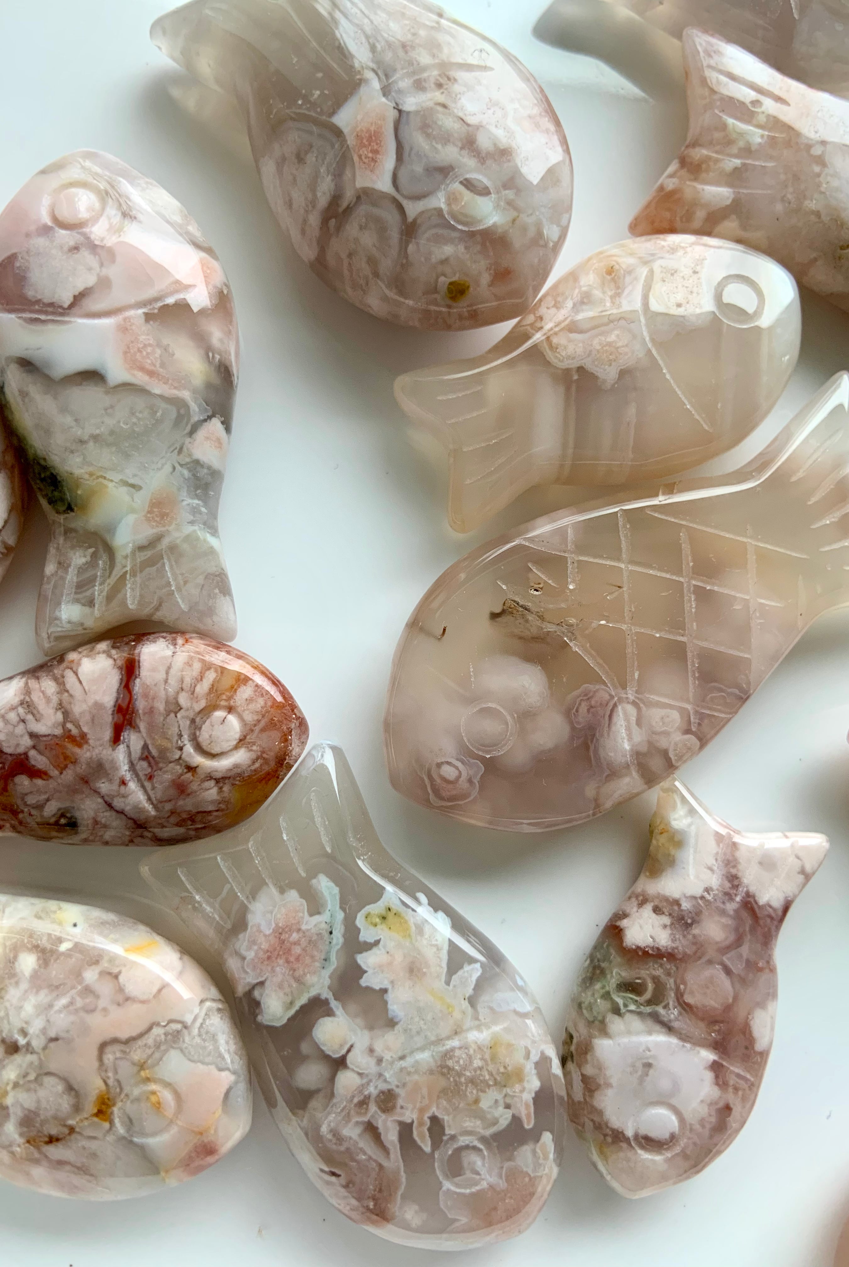 Flower Agate Crystal Fish Carvings, mini stone fish make a great gift for the Pisces in your life.