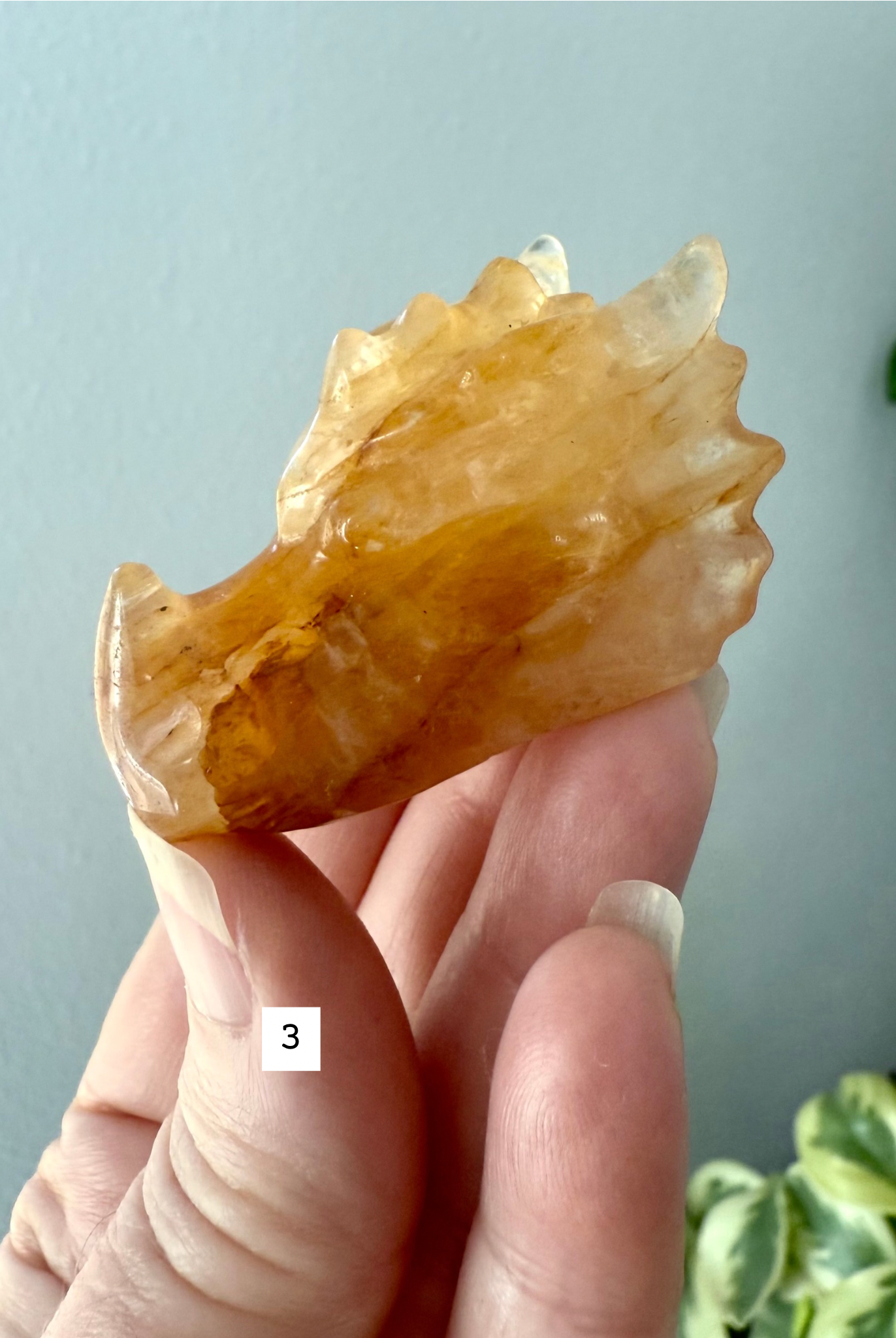 Golden Healer Quartz dragon head figurine in hand, showing detailed carving and radiant golden color — gemstone totem for meditation and altar décor.