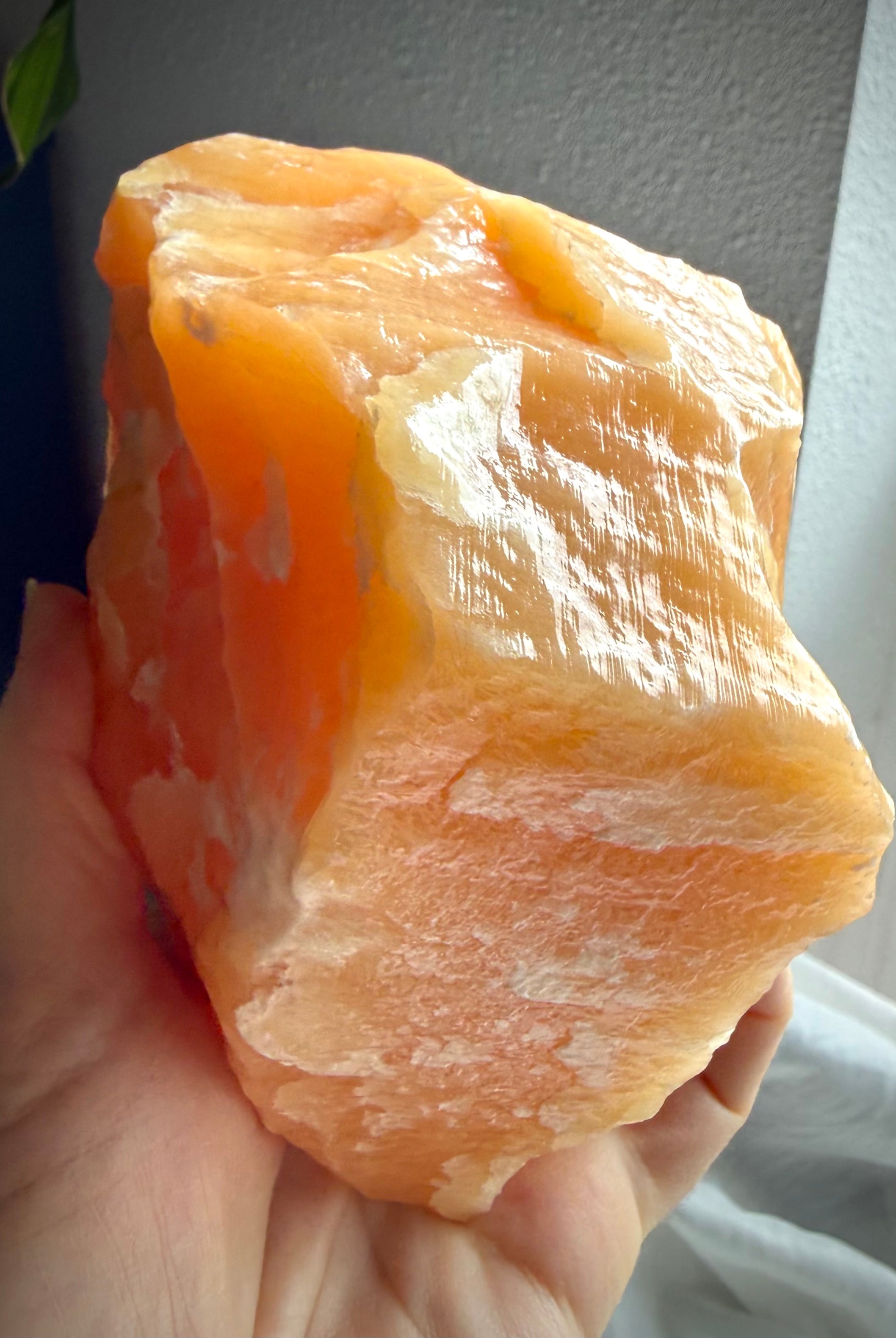 Orange Calcite display specimen illuminated by natural light with vibrant orange glow and mineral depth